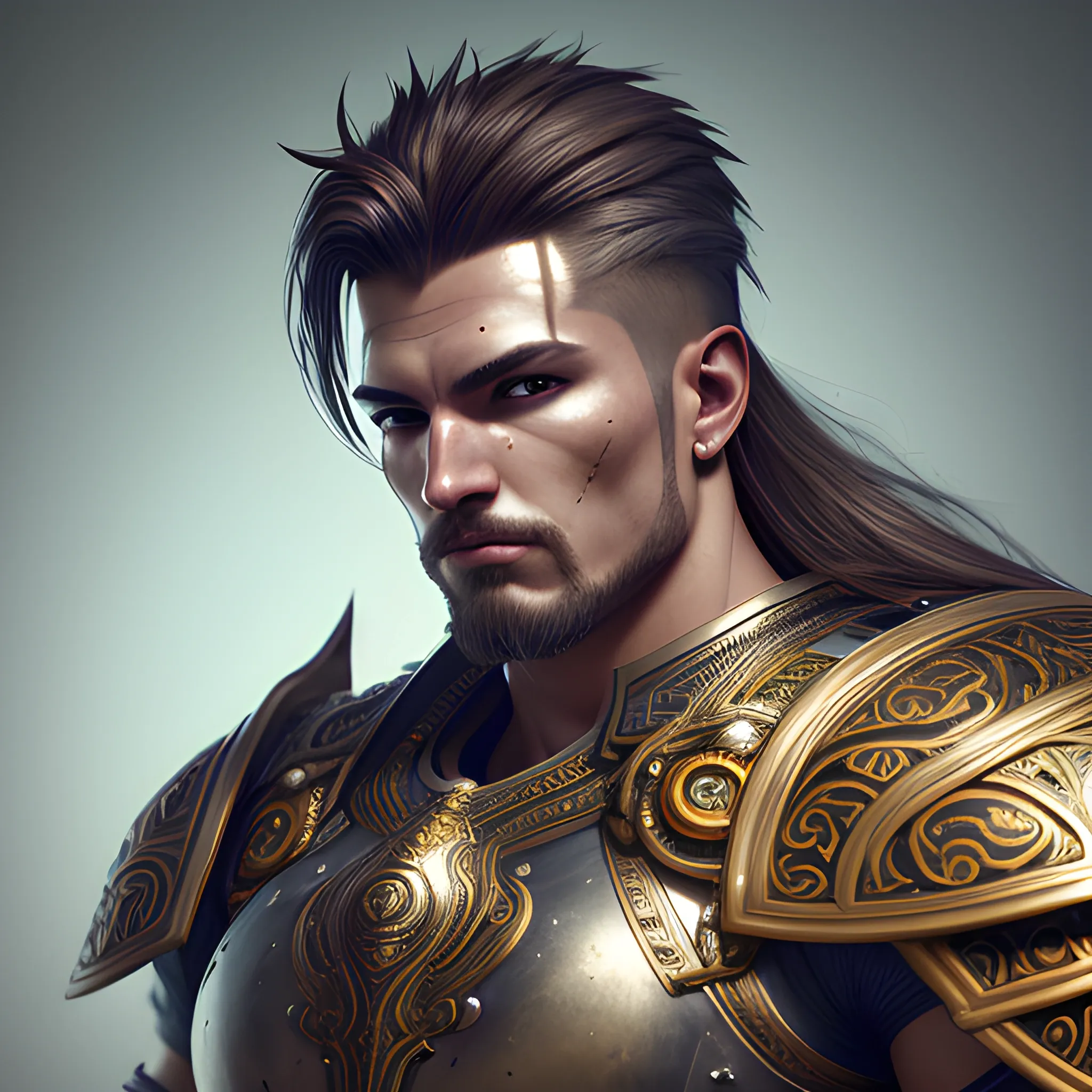 a handsome portrait of a male warrior,armor,muscular, bright color scheme, high key lighting, big pectoralis, volumetric light, digital art, highly detailed, fine detail, intricate, ornate, complex, octane render, unreal engine, photorealistic, realism, 