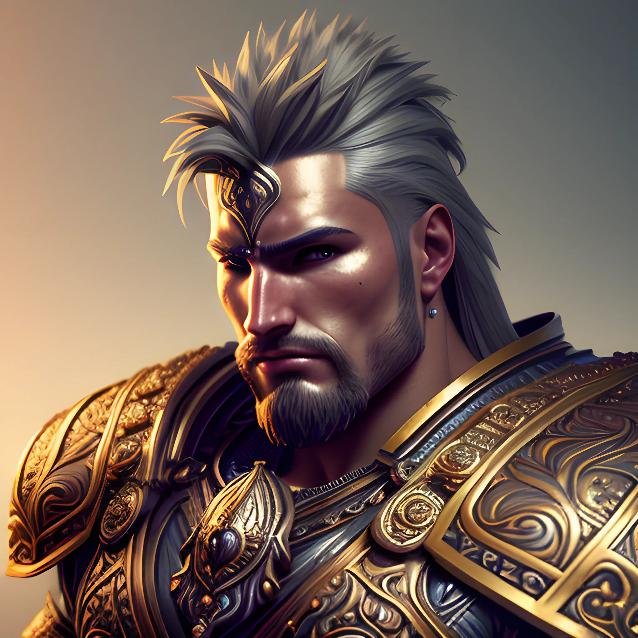 a handsome portrait of a male warrior,armor,muscular, bright color scheme, high key lighting, big pectoralis, volumetric light, digital art, highly detailed, fine detail, intricate, ornate, complex, octane render, unreal engine, photorealistic, realism, 