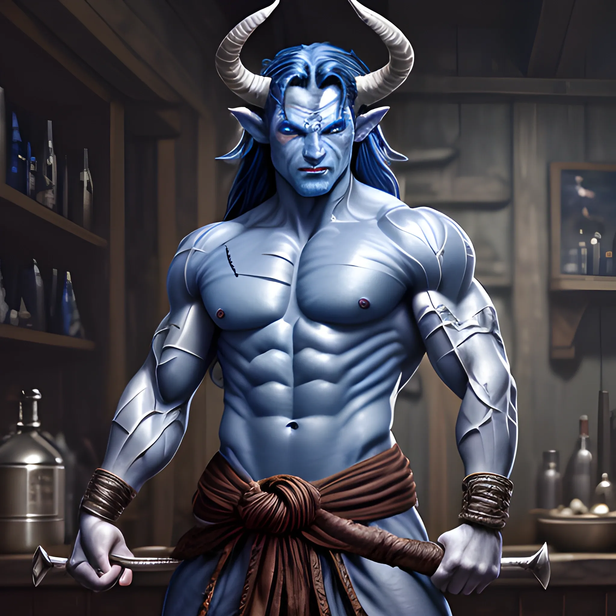 muscular blue skin tiefling man, silver colored eyes, large intimidating glowing horns, dynamic black long hair in ponytail, wearing cotton tunic, muscular arms, scars, Leather strap across chest, hyper detailed tavern background, (high quality), (detailed), (masterpiece), (best quality), (highres), (extremely detailed), (8k), HD, 8k, photography