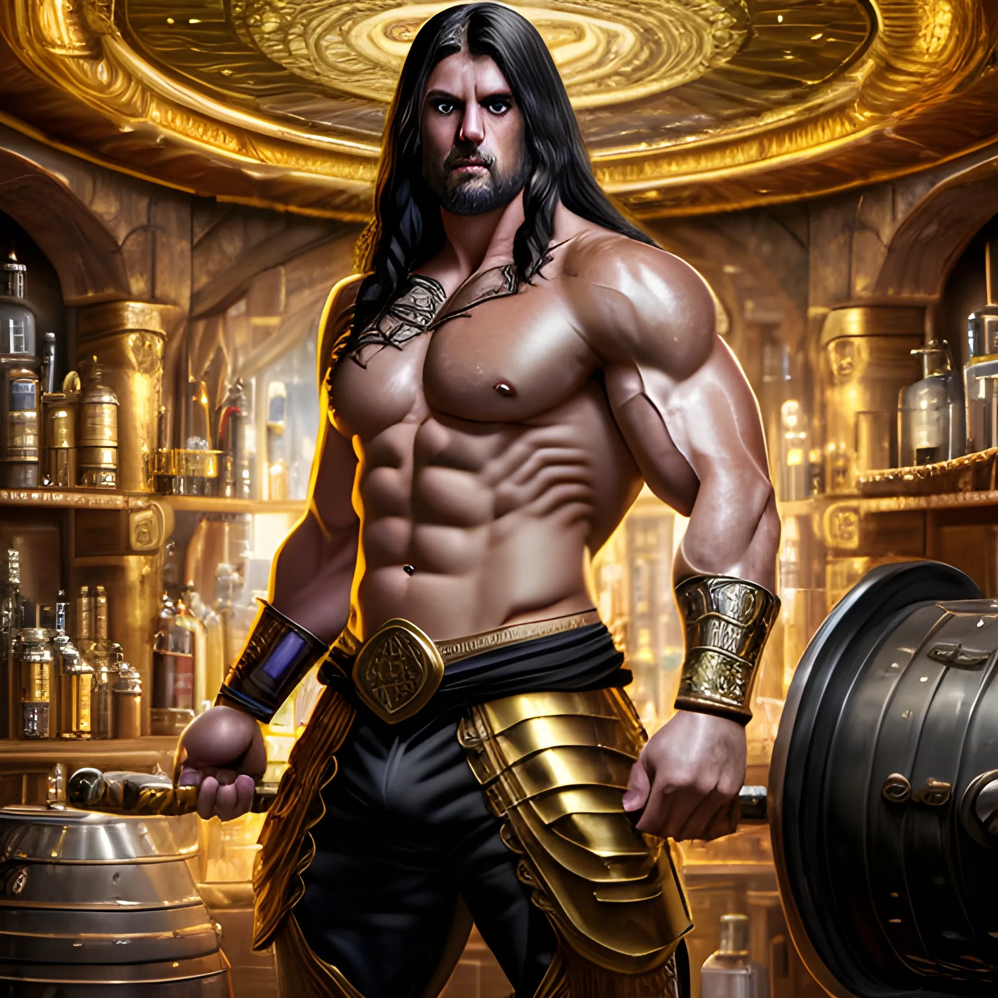 muscular, male, gold colored eyes, glowing eyes, dynamic black long hair, wearing armor, muscular arms, spaulder, big pectoralis, bulge man, hyper detailed tavern background, Magic circle,(high quality), (detailed), (masterpiece), (best quality), (highres), (extremely detailed), (8k), HD, 8k, photography,realism,