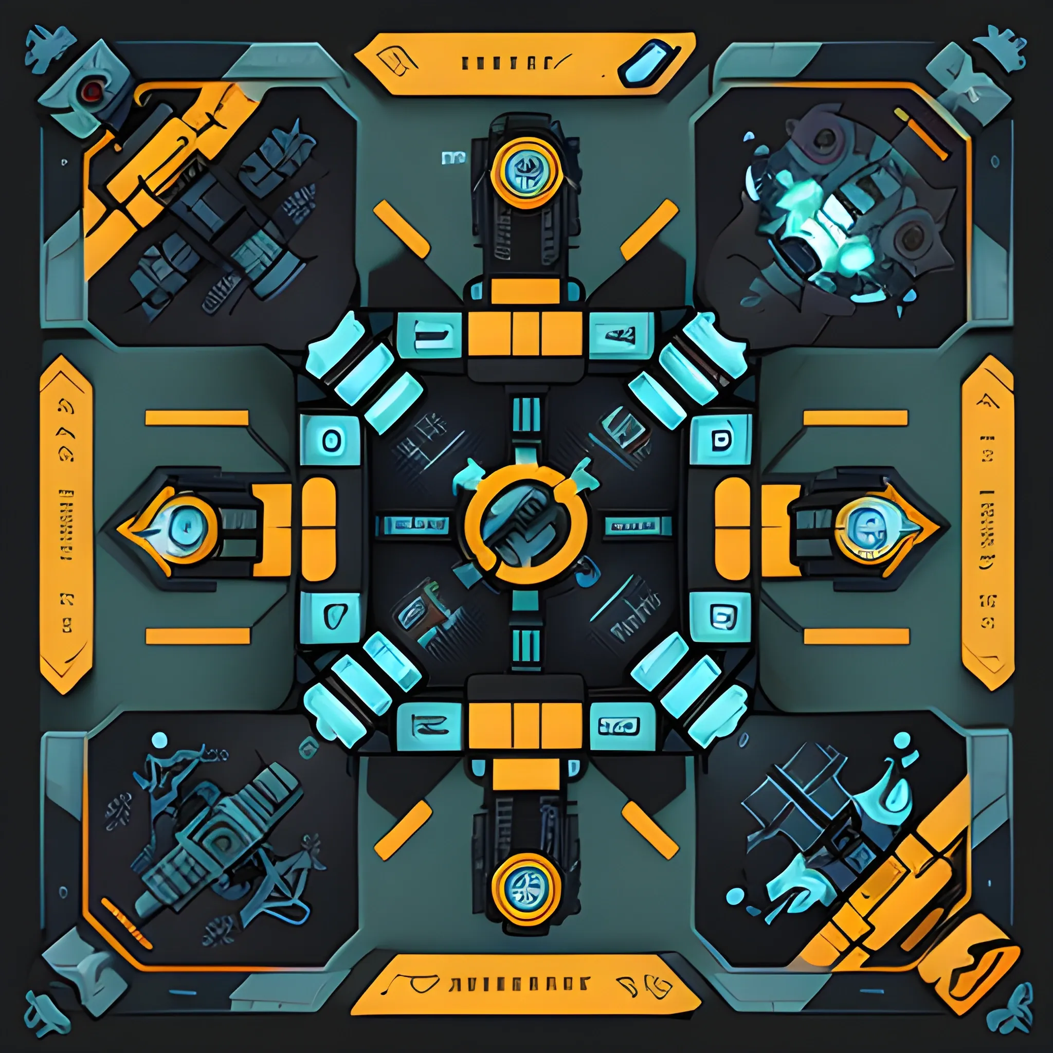 board game card design, cartoony style, futuristic sci-fi themed with main area and bottom additonal area for text and icons, high quality