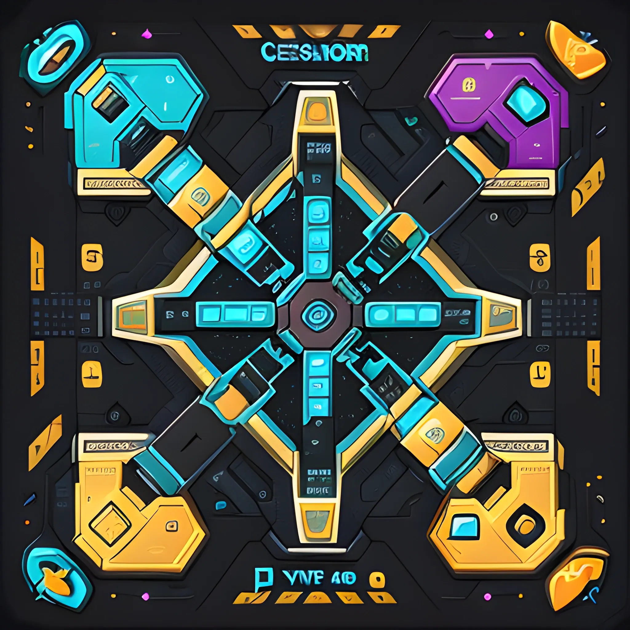 board game card design, cartoony style, futuristic sci-fi themed with main area and bottom additonal area for text and icons, high quality