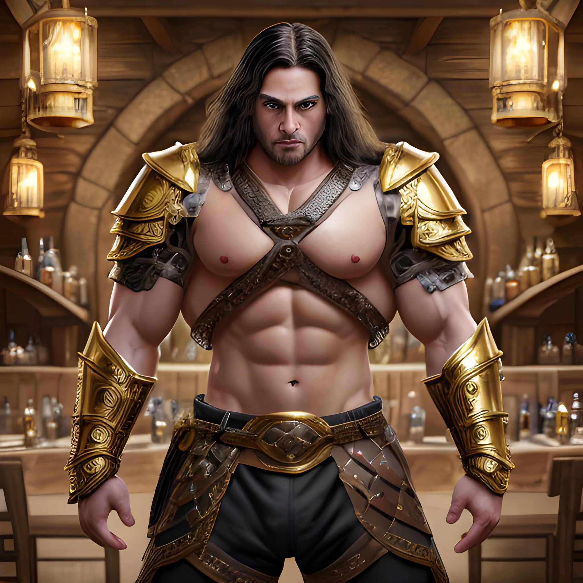 muscular, male, gold colored eyes, glowing eyes, dynamic black long hair, wearing armor, muscular arms, armor, spaulder,shoulder armor,  big pectoralis, detailed eyes, hyper detailed medieval tavern background, big crotch, bulging crotch, Magic circle,(high quality), (detailed), (masterpiece), (best quality), (highres), (extremely detailed), (8k), HD, 8k, photography,realism,