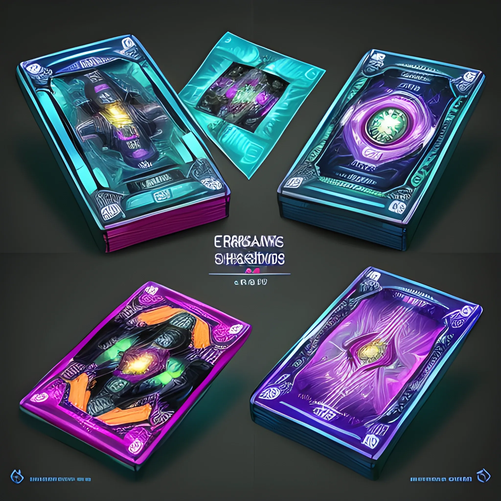 High-resolution digital art of a set of futuristic, colorful, and vibrant trading cards with a sci-fi theme. Each card is rectangular. The cards have bold borders, distinct colors, and a sleek, polished look. Detailed textures, intricate patterns, and glowing effects enhance the design. Text on the cards is in a clear font. Include metallic surfaces and holographic features for added depth and realism.