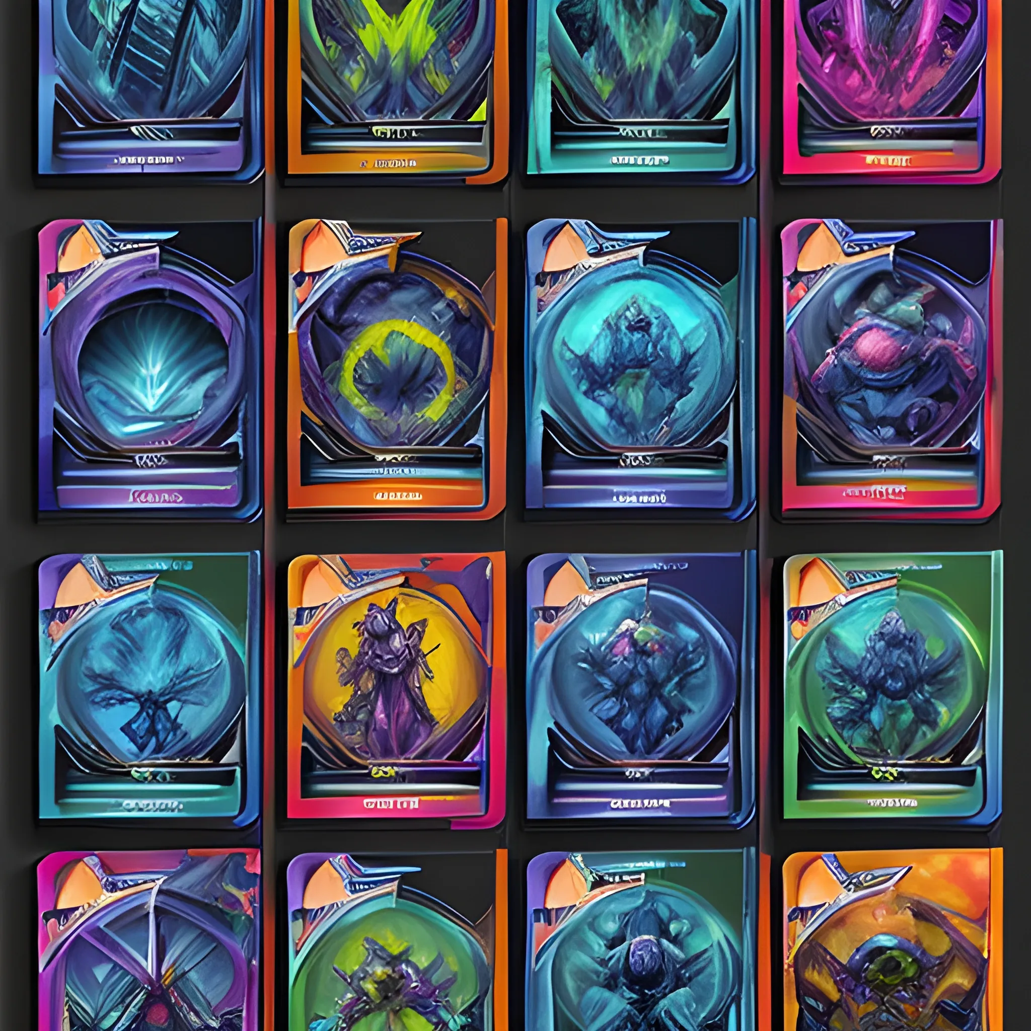 High-resolution digital art of a set of futuristic, colorful, and vibrant trading cards with a sci-fi theme. Each card is rectangular. The cards have bold borders, distinct colors, and a sleek, polished look. Detailed textures, intricate patterns, and glowing effects enhance the design. Text on the cards is in a clear font. Include metallic surfaces and holographic features for added depth and realism., Water Color