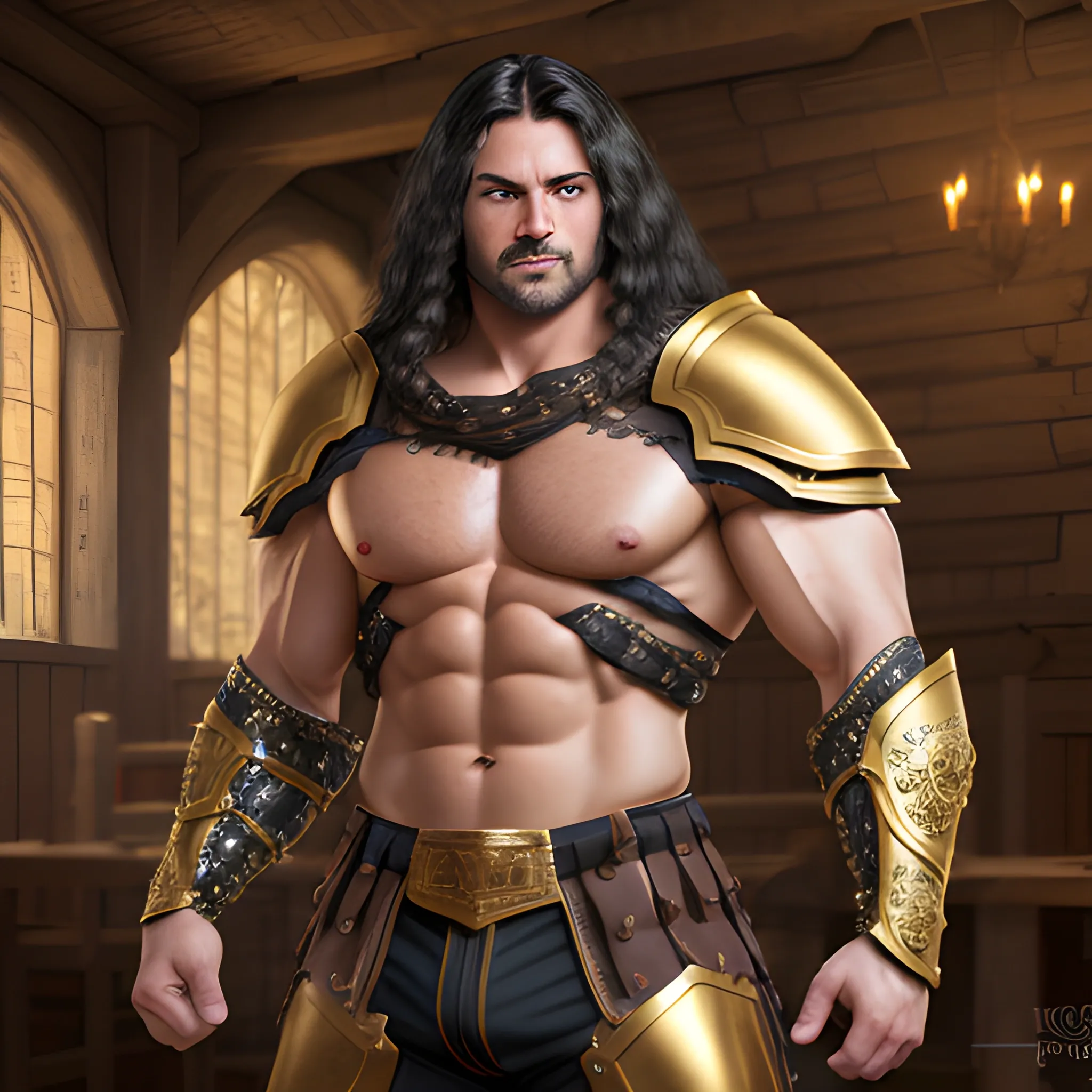 muscular, male, gold colored eyes, glowing eyes, dynamic black long hair, muscular arms, armor, spaulder,shoulder armor,  big pectoralis, hyper detailed medieval tavern background, big crotch, bulging crotch, (high quality), (detailed), (masterpiece), (best quality), (highres), (extremely detailed), (8k), HD, 8k, photography,realism,