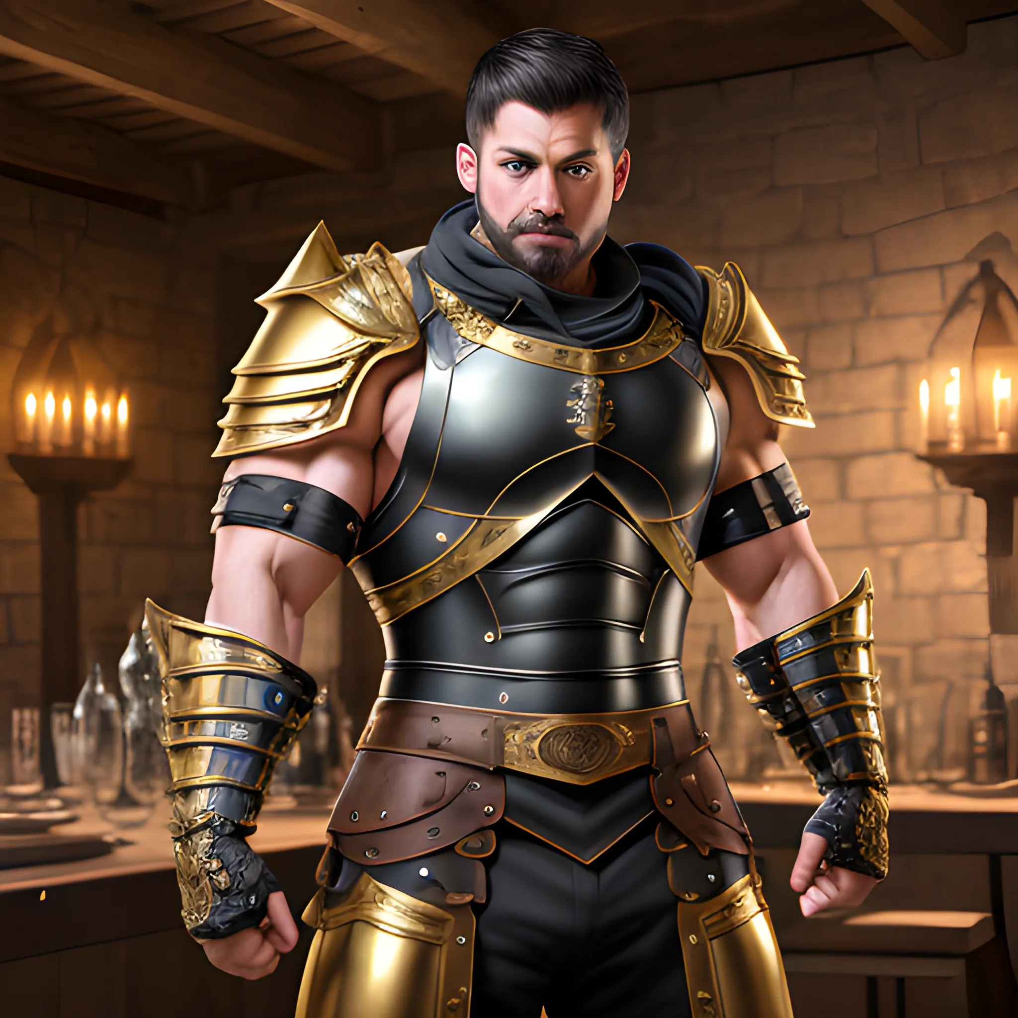 muscular, male, gold colored eyes, glowing eyes, dynamic black short hair, muscular arms, armor, spaulder,shoulder armor,  big pectoralis, hyper detailed medieval tavern background, big crotch, bulging crotch, (high quality), (detailed), (masterpiece), (best quality), (highres), (extremely detailed), (8k), HD, 8k, photography,realism,