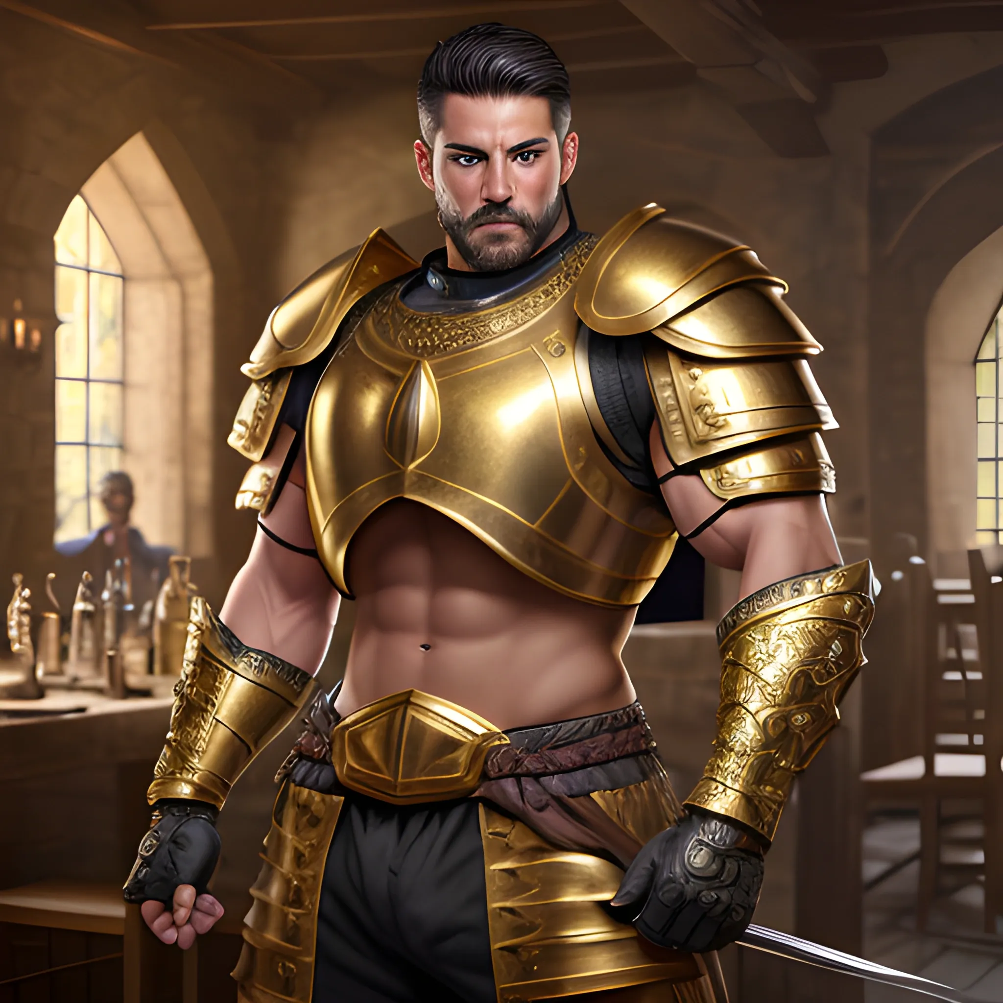 muscular, male, gold colored eyes, glowing eyes, handsome black short hair, muscular arms, armor, spaulder,shoulder armor,  big pectoralis, hyper detailed medieval tavern background, big crotch, bulging crotch, (high quality), (detailed), (masterpiece), (best quality), (highres), (extremely detailed), (8k), HD, 8k, photography,realism,