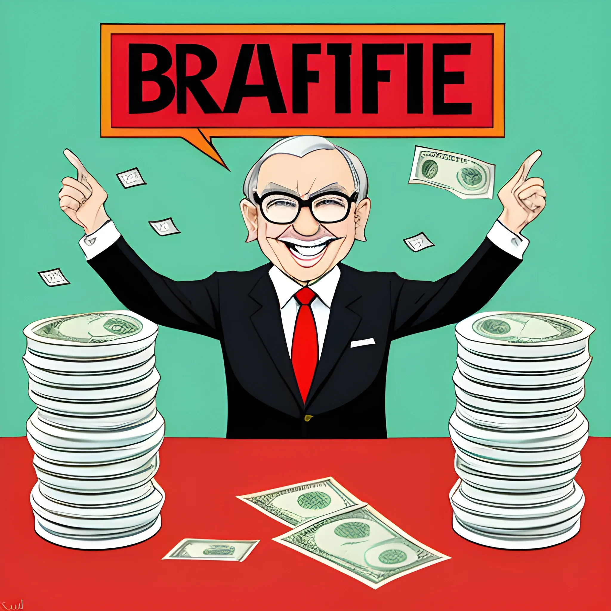 A cartoon graphic inspired by an investor resembling Warren Buffett. The character has an oversized head and signature glasses, holding a giant dollar sign. He is wearing a suit but with playful, exaggerated features, like big, goofy shoes and a playful grin. The background includes stacks of money and stock charts, with a speech bubble saying, 'Time to make some profits!' The style is light-hearted and comical, with bright and engaging colors., Cartoon