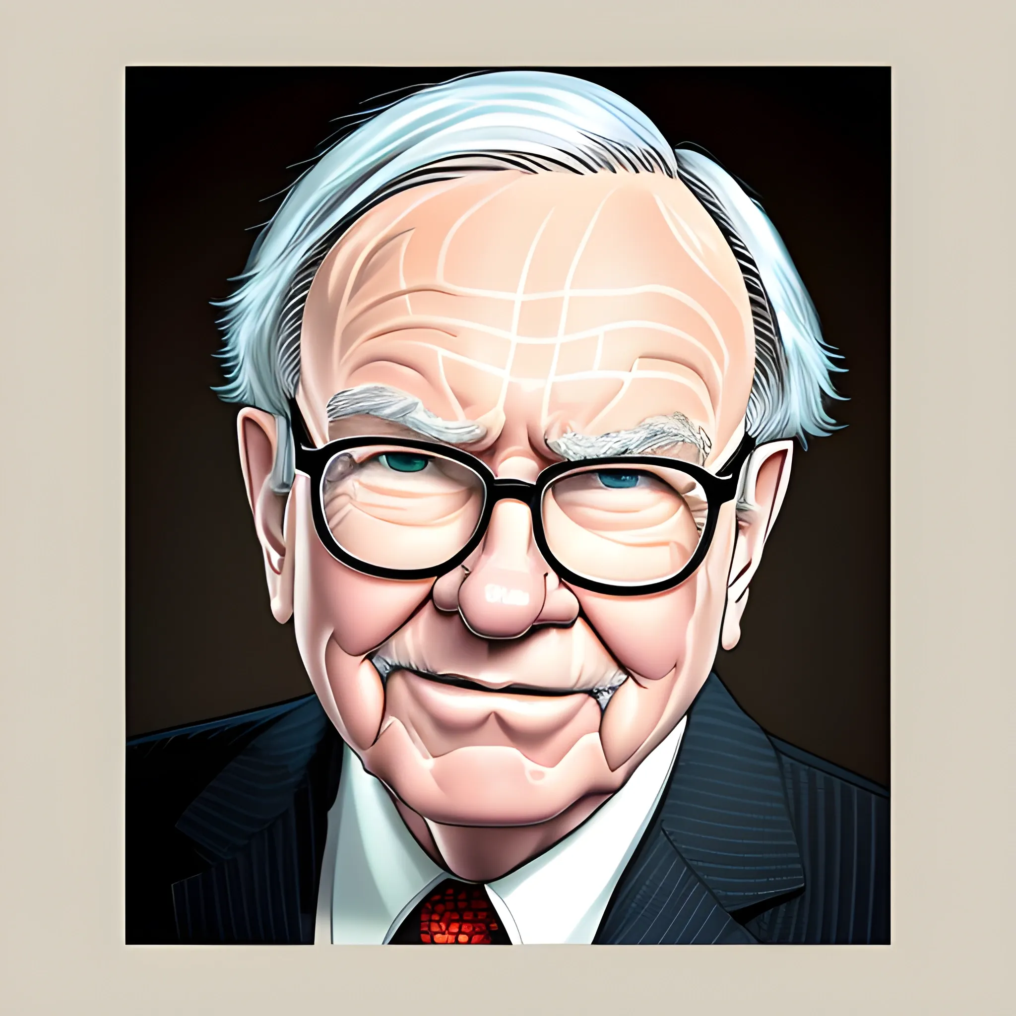 A detailed face portrait of an investor resembling Warren Buffett. The character should have an oversized head and signature glasses, with a friendly, wise expression. The portrait should capture his silver hair, wrinkles, and distinguished look, using a light-hearted and slightly exaggerated style to add a humorous touch. The background should be simple and neutral, focusing on the character's face., Cartoon