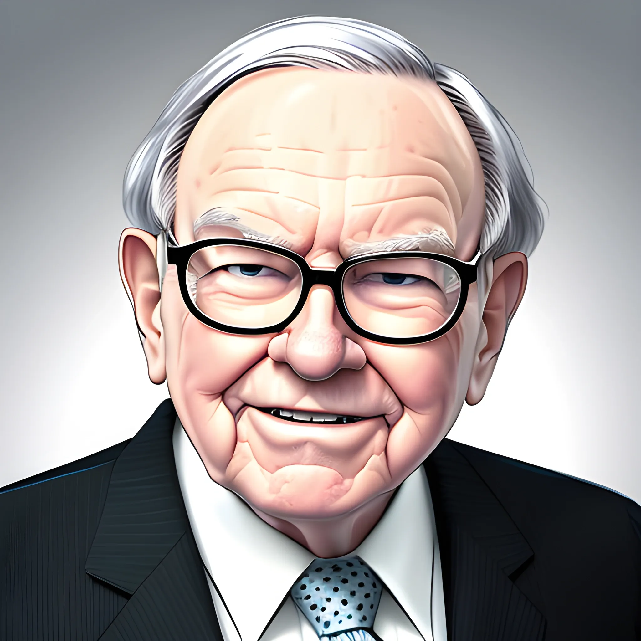 A detailed face portrait of an investor resembling Warren Buffett. The character should have an oversized head and signature glasses, with a friendly, wise expression. The portrait should capture his silver hair, wrinkles, and distinguished look, using a light-hearted and slightly exaggerated style to add a humorous touch. The background should be simple and neutral, focusing on the character's face., Cartoon