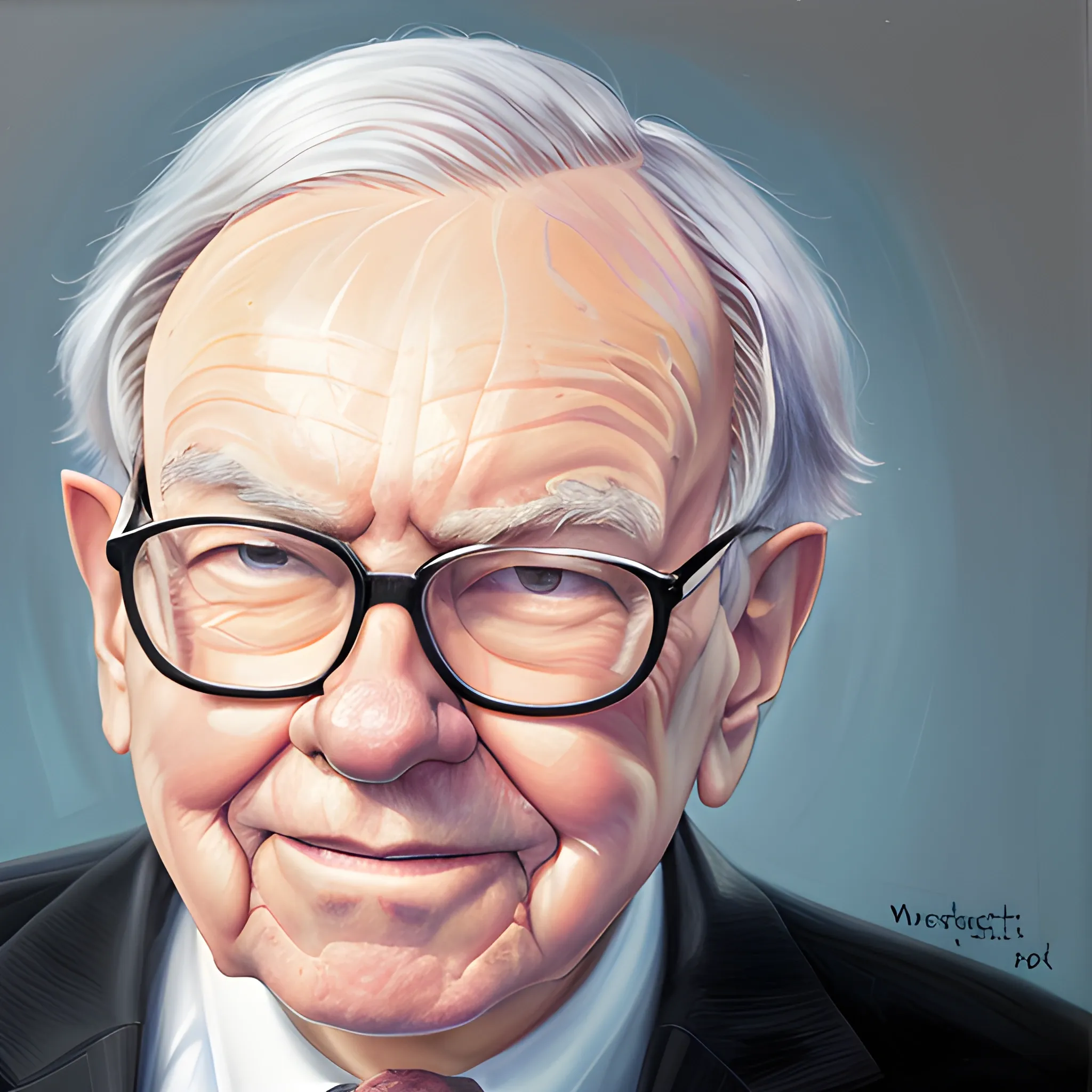 “A face portrait of an investor inspired by Warren Buffett, with an oversized head and his iconic glasses. The character should have a warm, grandfatherly smile, detailed silver hair, and expressive eyes. The style should be slightly exaggerated and humorous but respectful, focusing on capturing his wisdom and friendly demeanor. The background should be clean and minimalistic to highlight the character’s features.”, Oil Painting