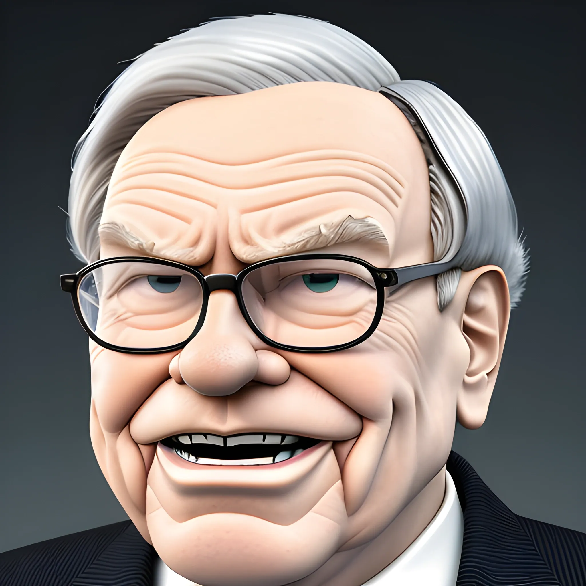 “A caricature face portrait of an investor inspired by Warren Buffett. The character has an oversized head, signature glasses, and a kind, knowing smile. The hair is silver and neatly combed, with exaggerated wrinkles to emphasize his age and wisdom. The background is simple, with subtle stock market symbols to add context.”, 3D