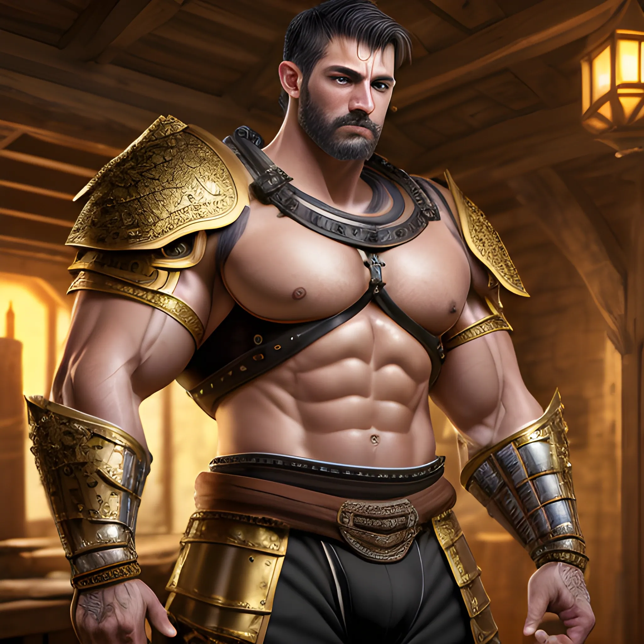 muscular, male, eyes that glow golden, handsome black short hair, muscular arms, armor, spaulder,shoulder armor,bulge man,  big pectoralis, hyper detailed medieval tavern background, big crotch, bulging crotch, (high quality), (detailed), (masterpiece), (best quality), (highres), (extremely detailed), (8k), HD, 8k, photography,realism,