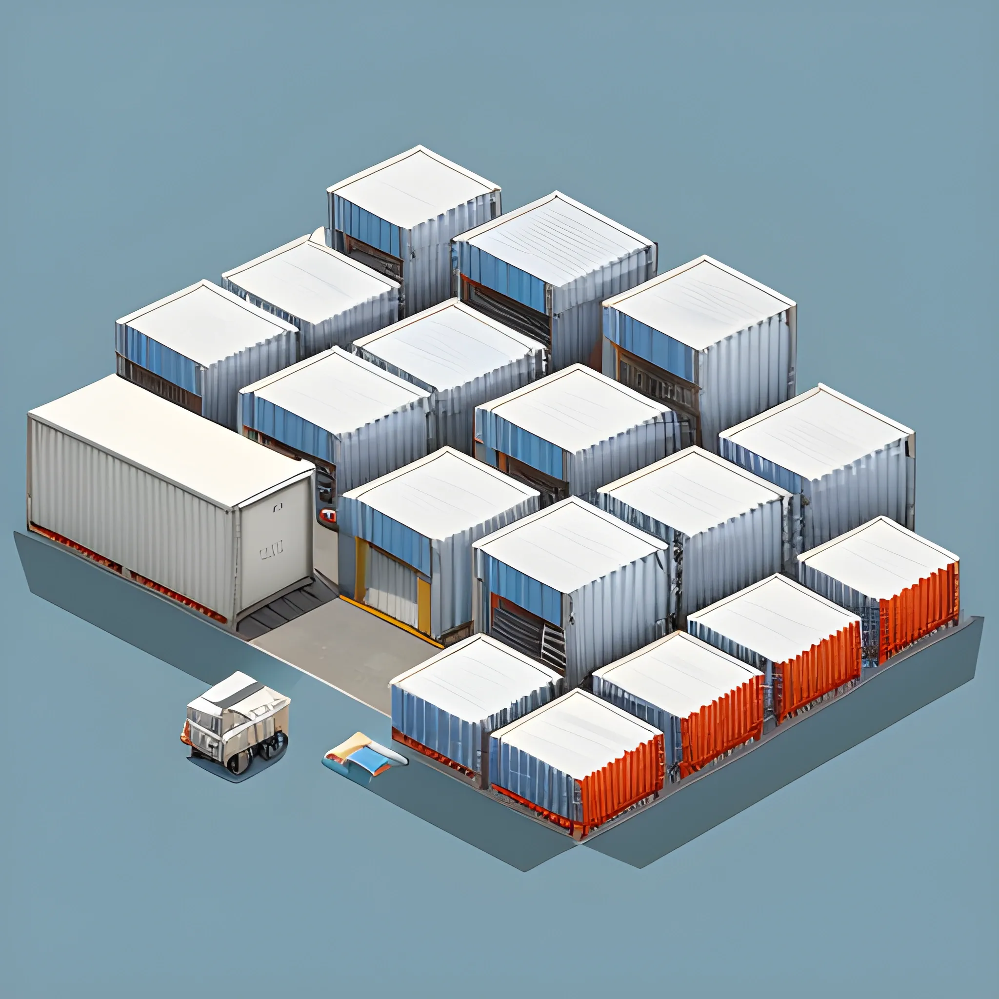 isometric outside view of a large storage facility with multiple levels of stacked containers, super photorealistic, sci-fi, high quality