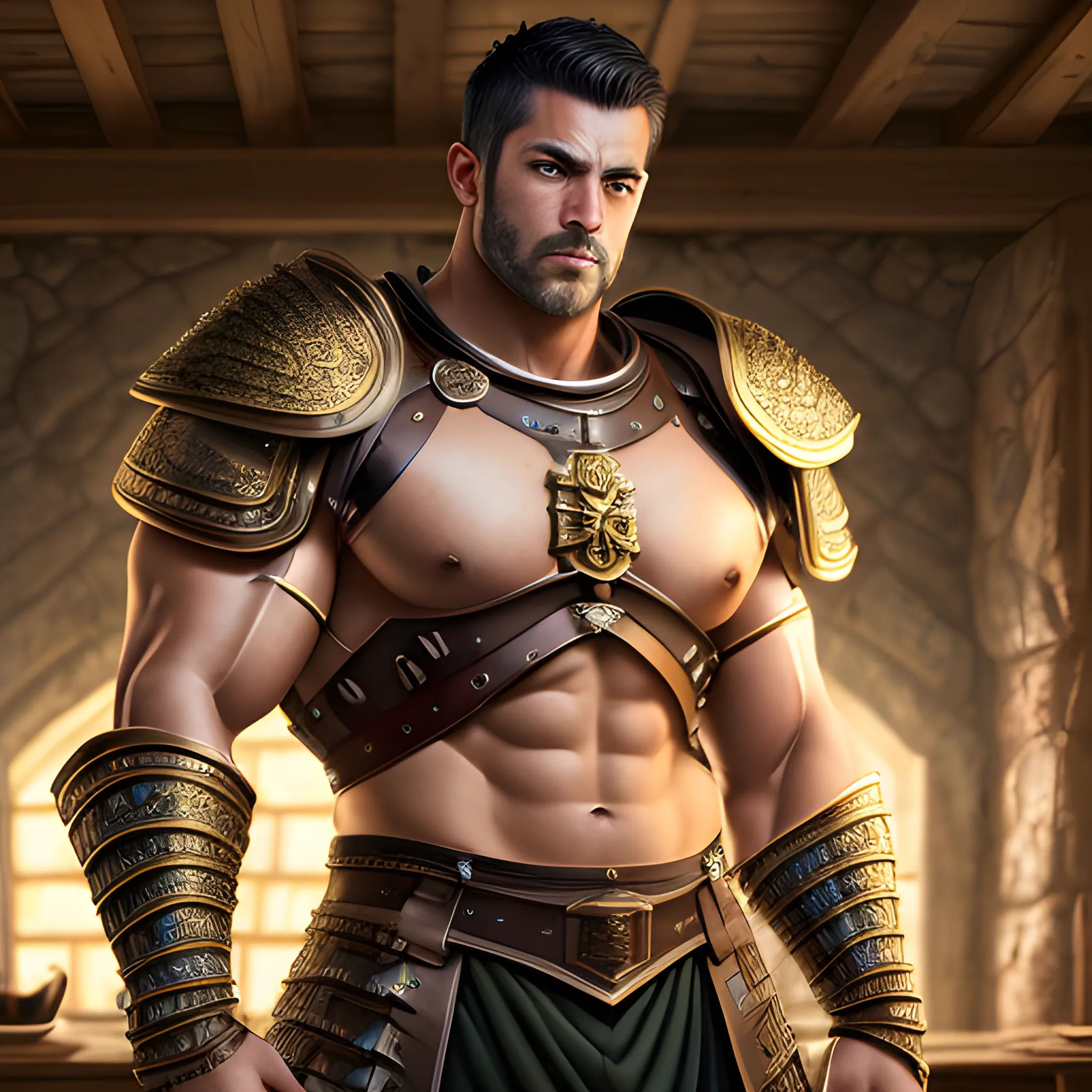 muscular, male, eyes that glow golden, handsome black short hair, muscular arms, armor, spaulder,shoulder armor,bulge man,  big pectoralis, hyper detailed medieval tavern background, big crotch, bulging crotch, (high quality), (detailed), (masterpiece), (best quality), (highres), (extremely detailed), (8k), HD, 8k, photography,realism,