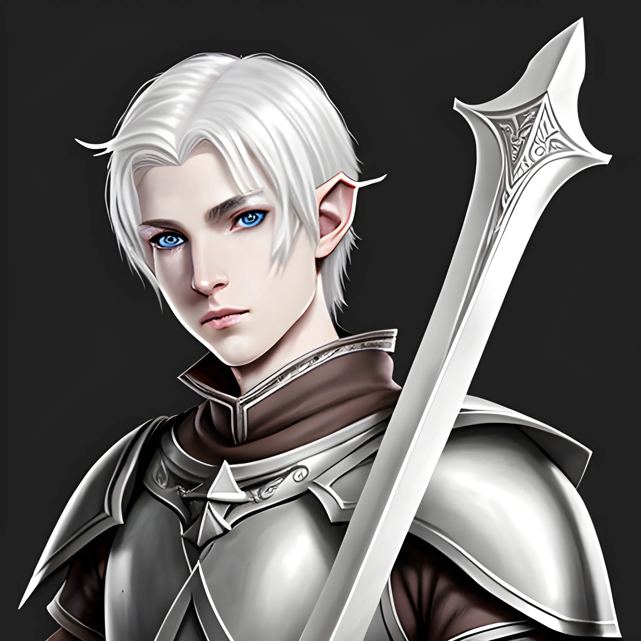 dungeons and dragons male half-elf paladin white hair pale skin grey eyes with longsword and shield