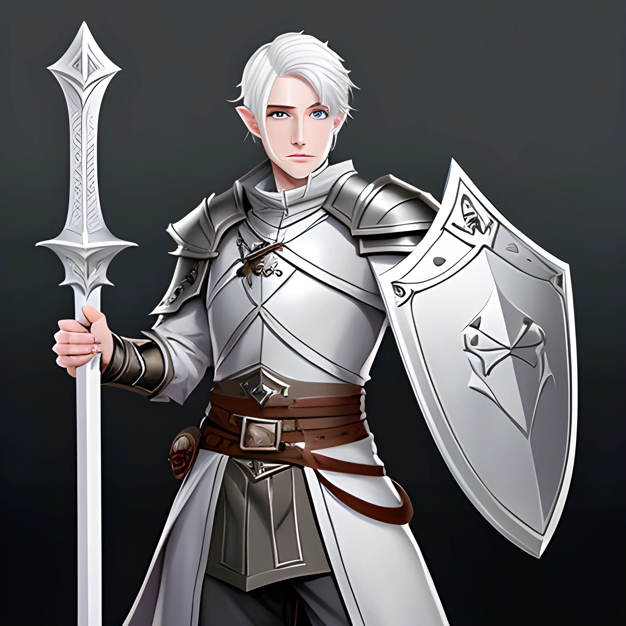 dungeons and dragons male half-elf paladin white hair pale skin dark grey eyes with longsword and shield full body