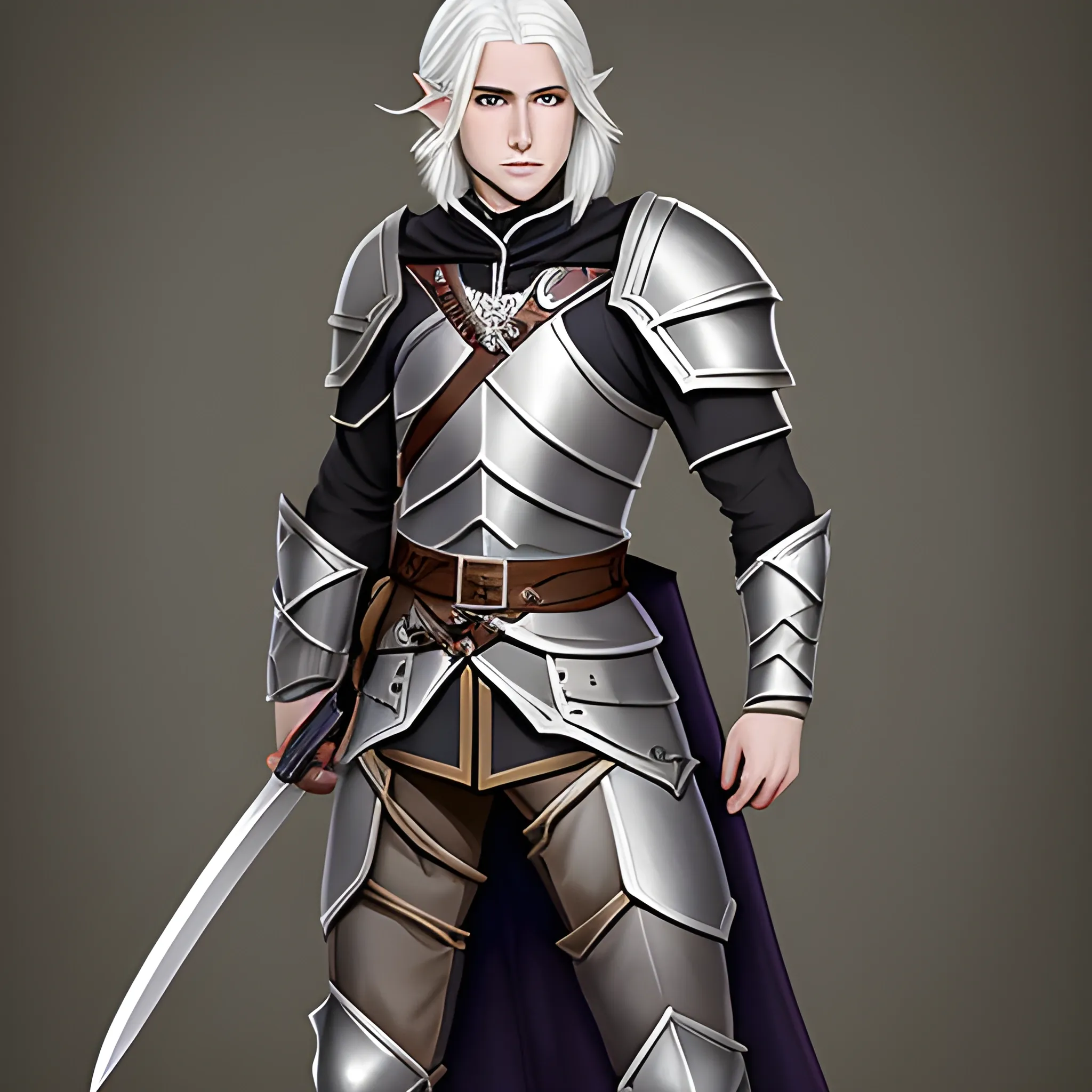 dungeons and dragons, male, half-elf, paladin, medium length white hair, pale skin, dark grey eyes, with longsword and shield full body