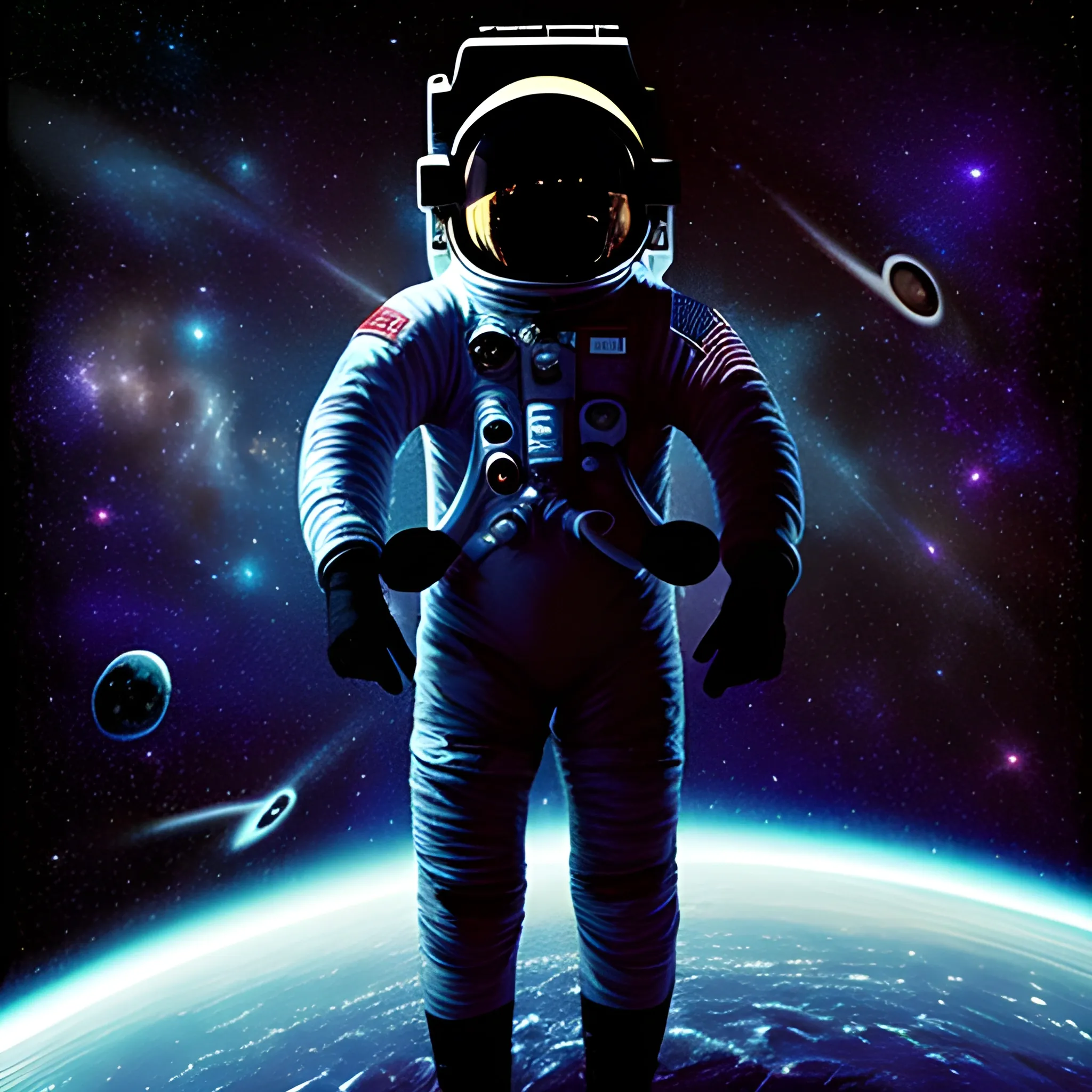 astronaut with astro suit totally black, tripping in void with a fully star space void