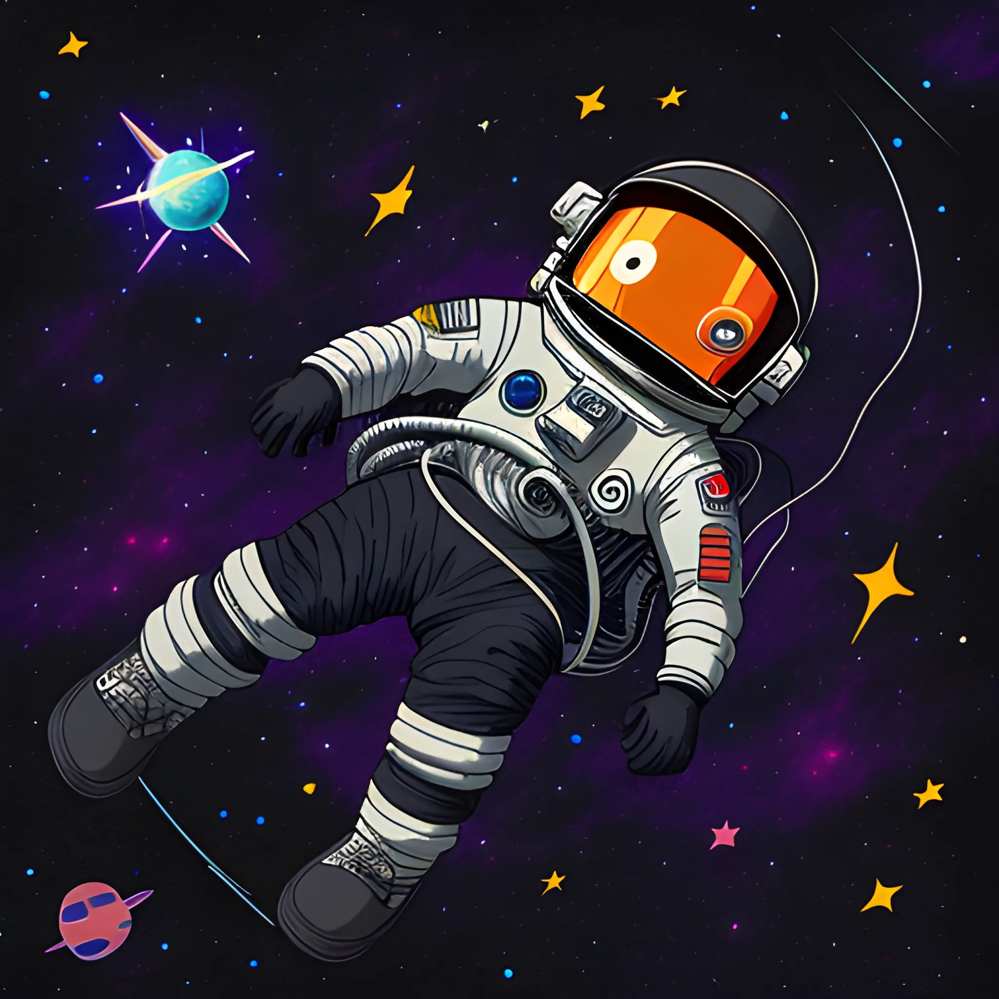 astronaut with astro suit totally black, tripping in void with a fully star space void, Cartoon