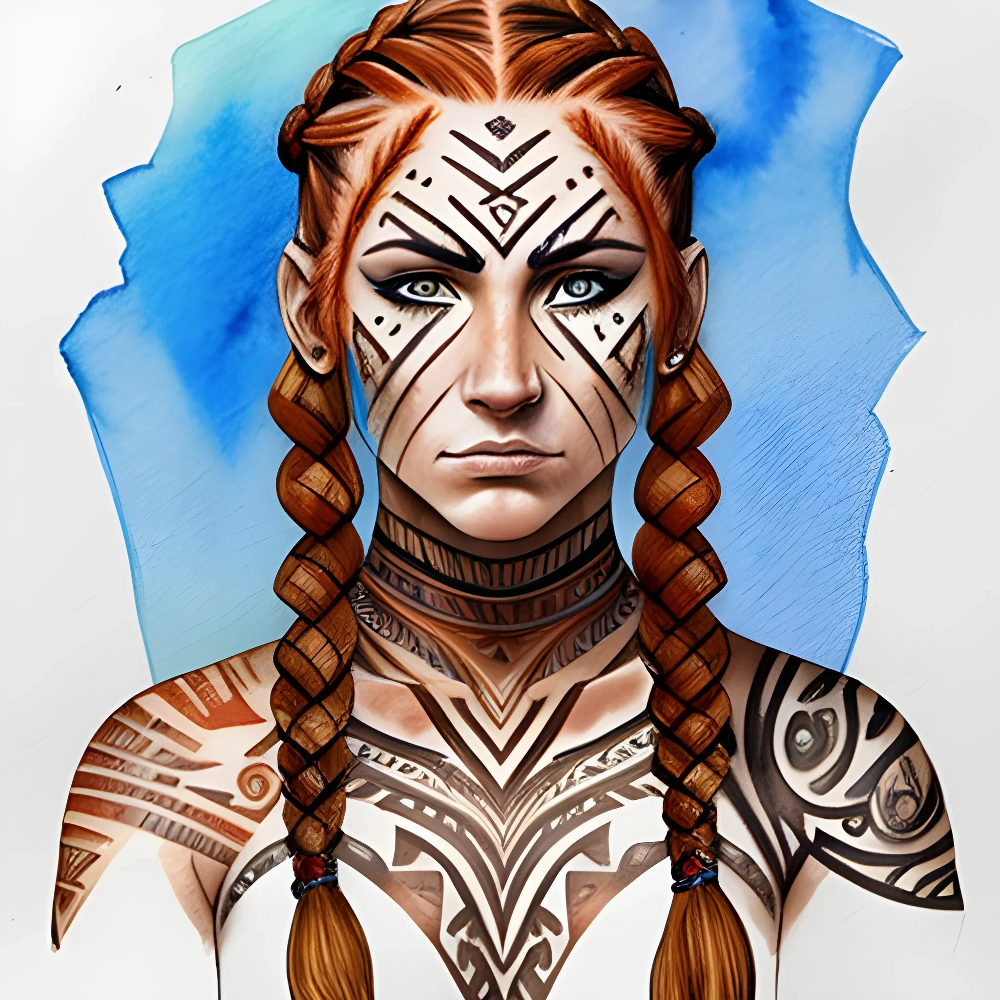 female, warrior woman, braided hair, auburn hair, beautiful, scar, tribal tattoos, Water Color, Pencil Sketch