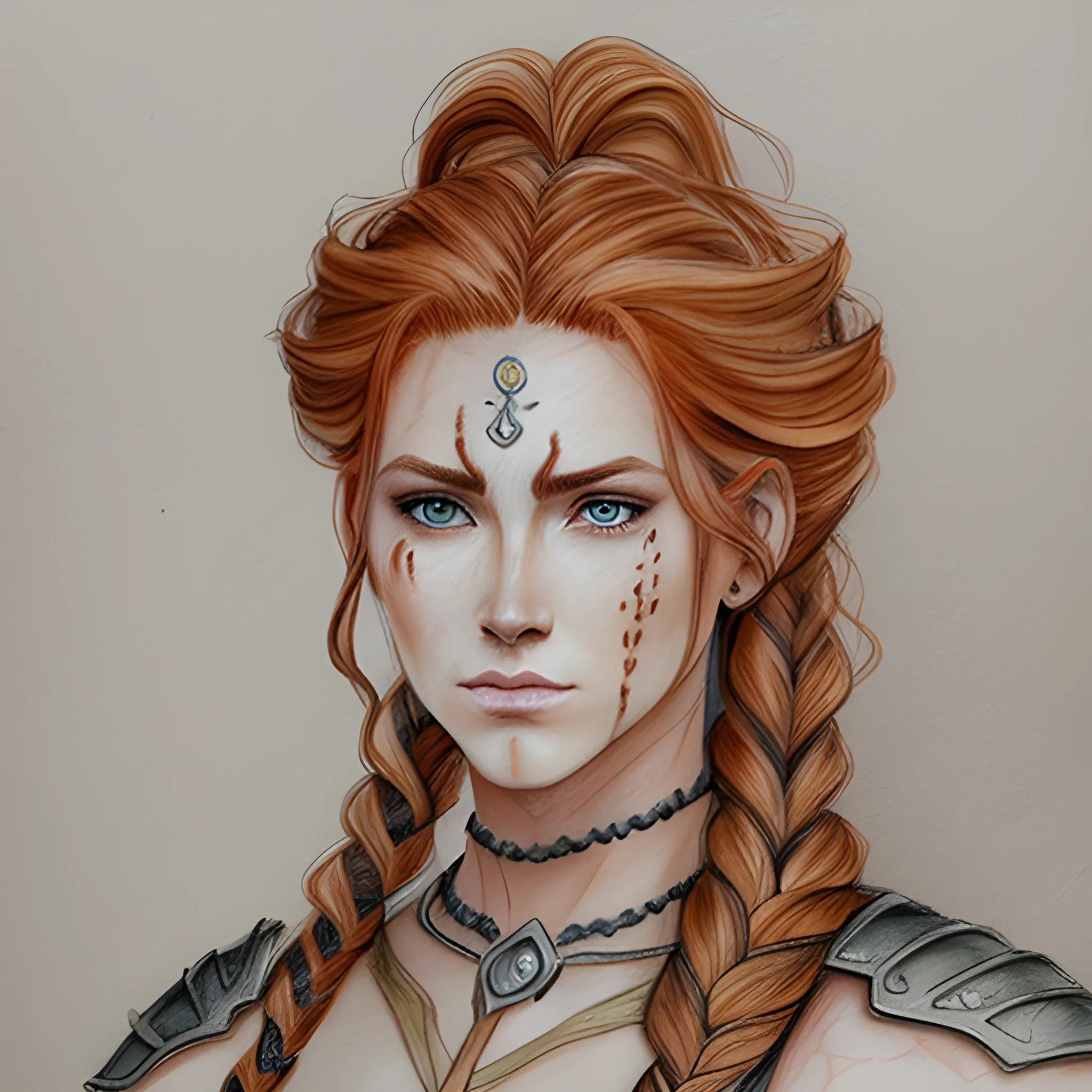 beautiful, warrior woman, voluminous braided hair, auburn hair, scar, based on Jarael, Water Color, Pencil Sketch