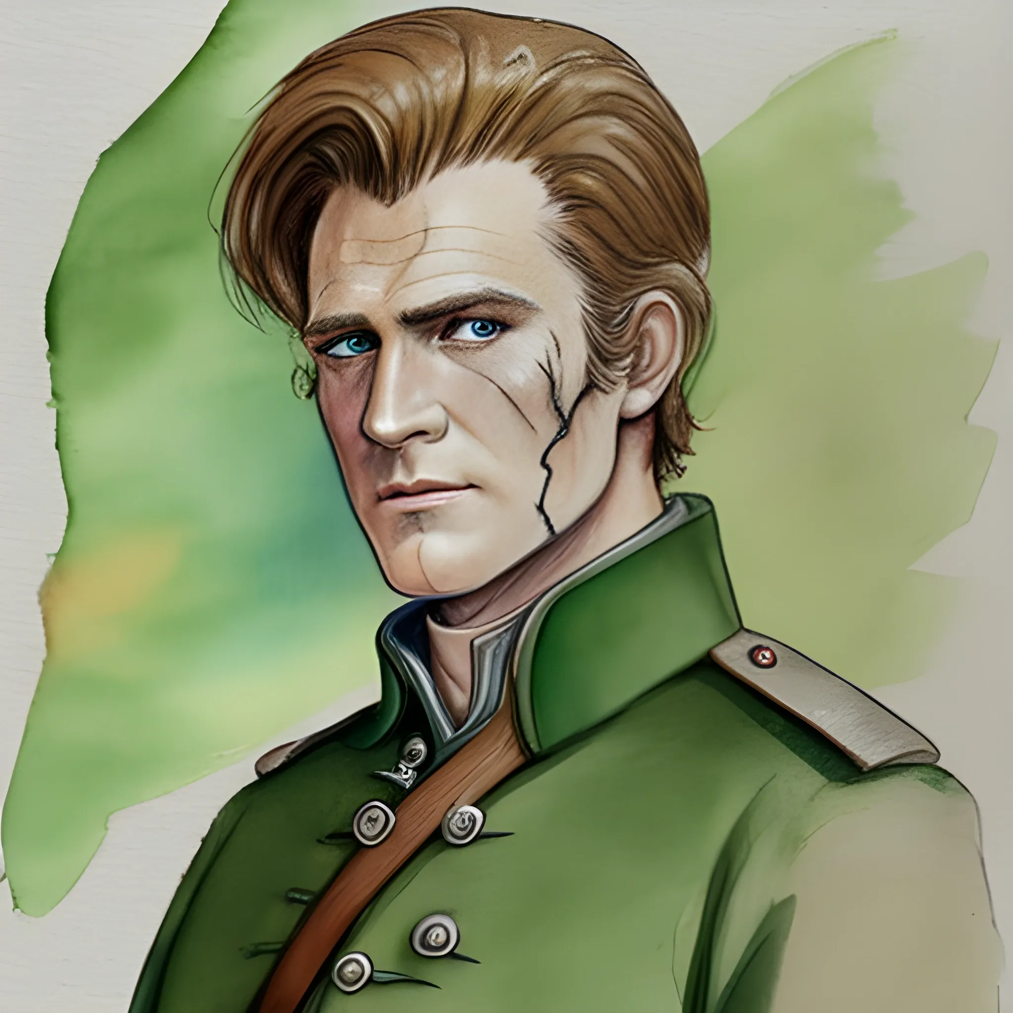 handsome, green coat 95th rifleman, late 30s, brown hair, scar, based on Richard Sharpe, Water Color, Pencil Sketch