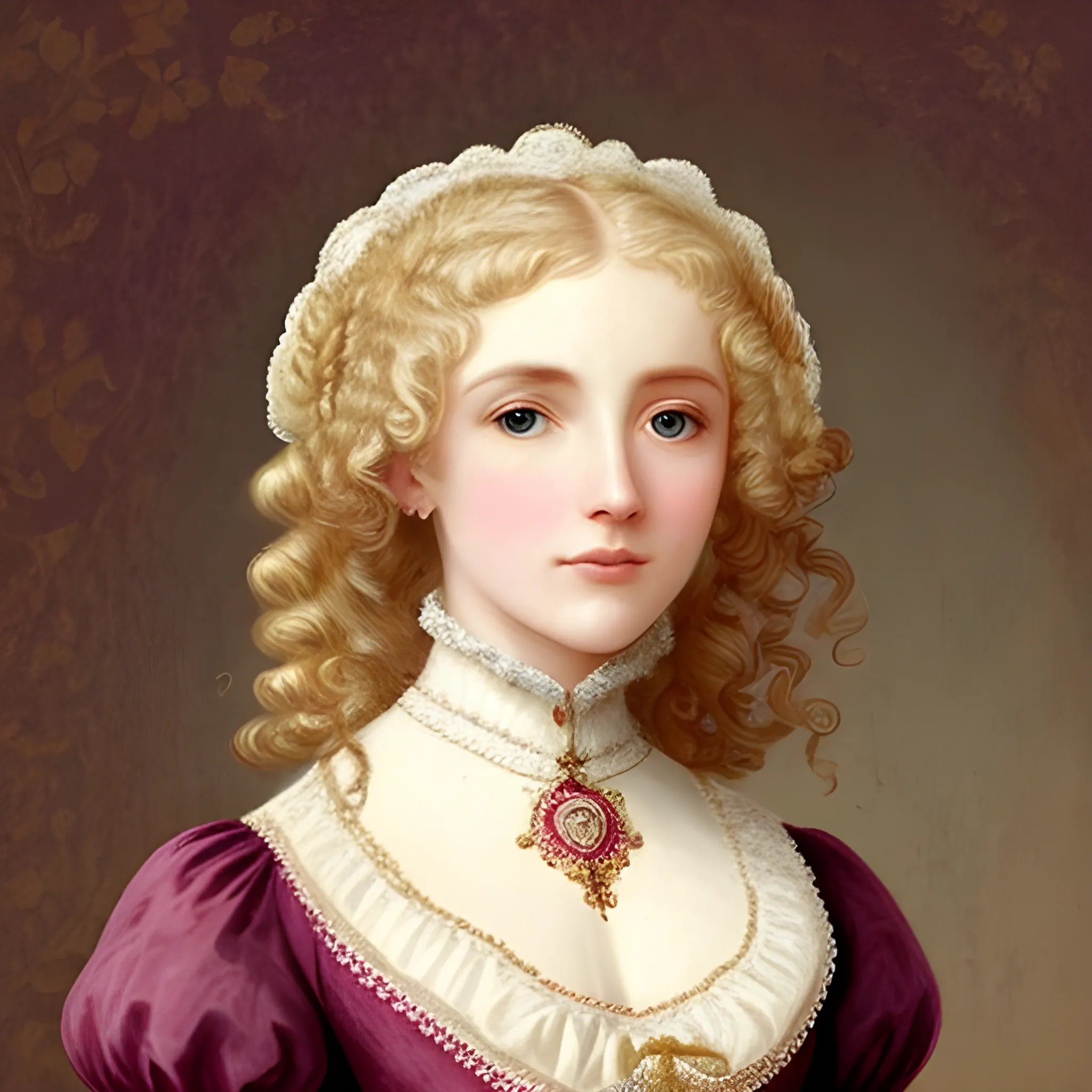 Beautiful, 19th century noblewoman, curly blonde hair, innocent, ornate clothes