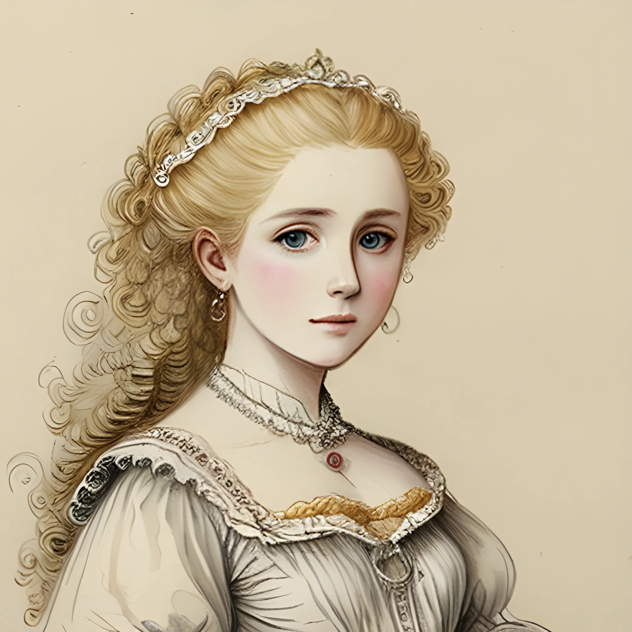 Beautiful, 19th century noblewoman, curly blonde hair, innocent, ornate clothes, pencil sketch, water colour