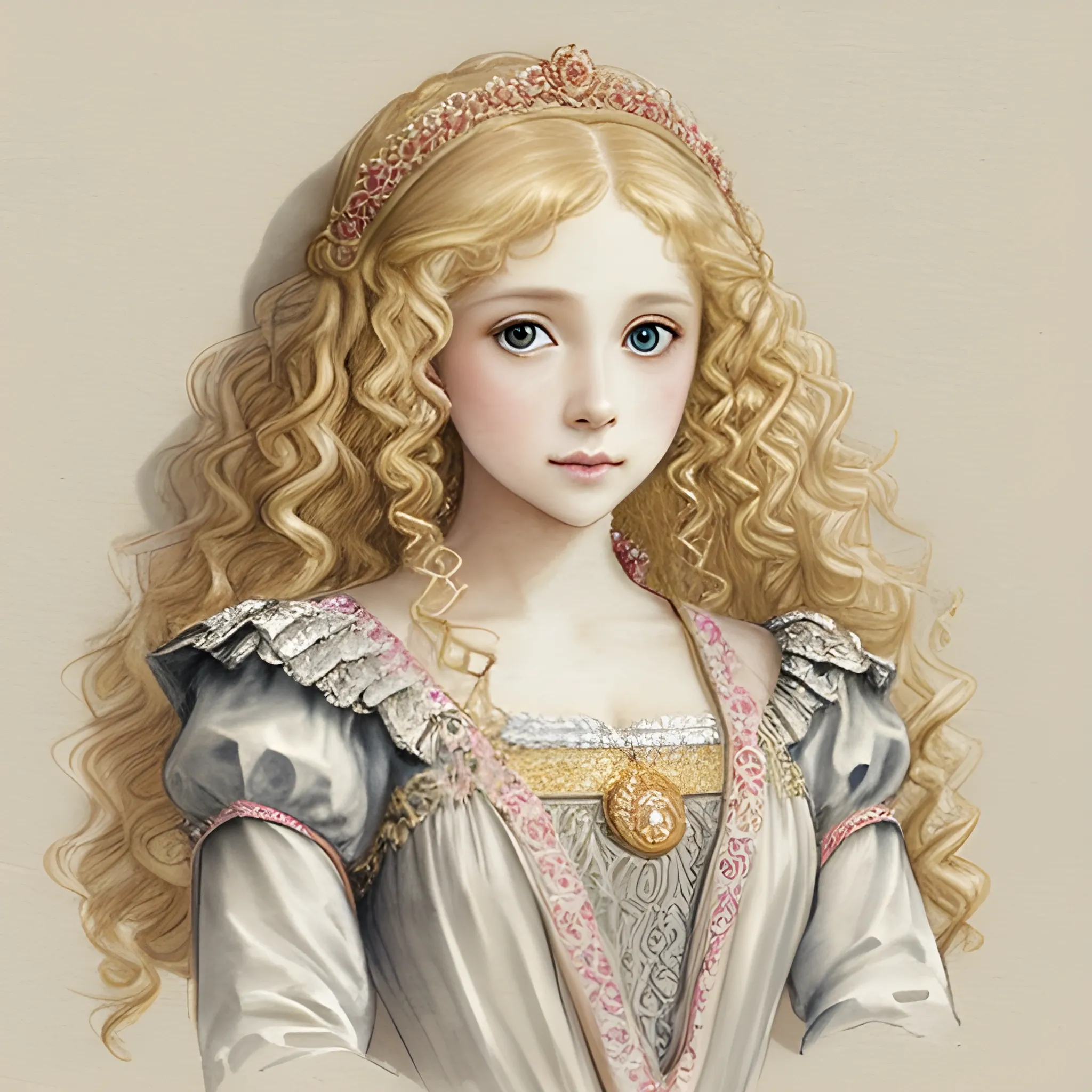 Beautiful, cute, noblewoman, curly blonde hair, innocent, ornate clothes,  Pencil Sketch, Water Color