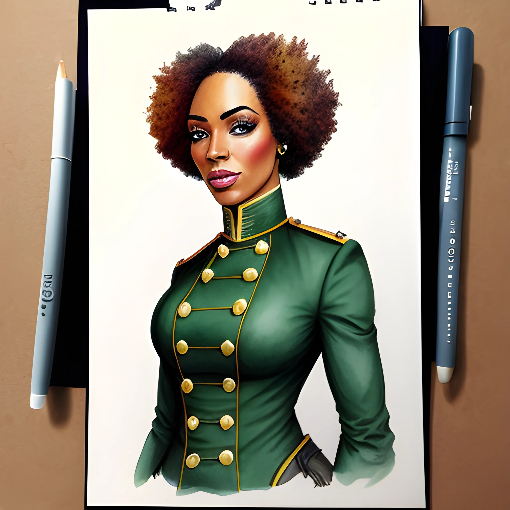 black girl, pretty, freckles, napoleonic green coat uniform, Pencil Sketch, Water Color