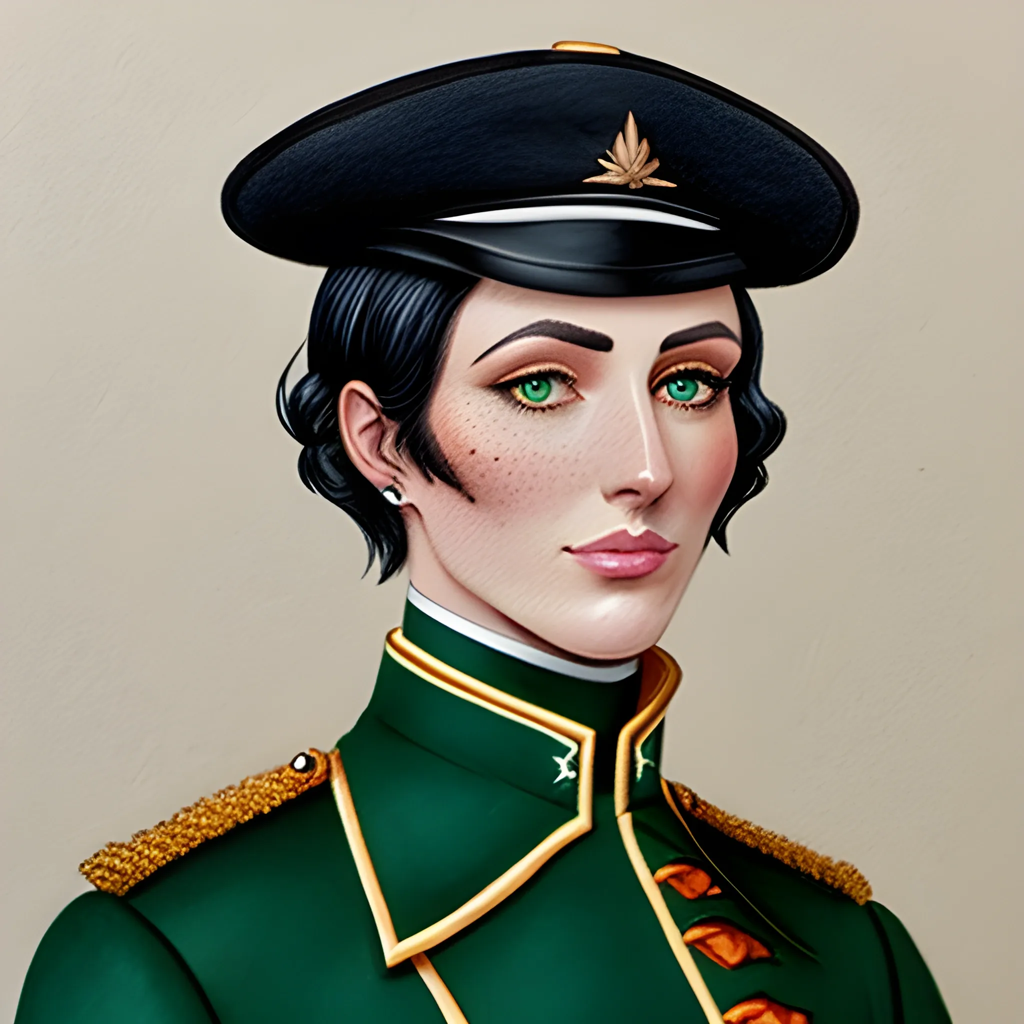 black girl, young, pretty, short hair, freckles, napoleonic green coat uniform, Pencil Sketch, Water Color