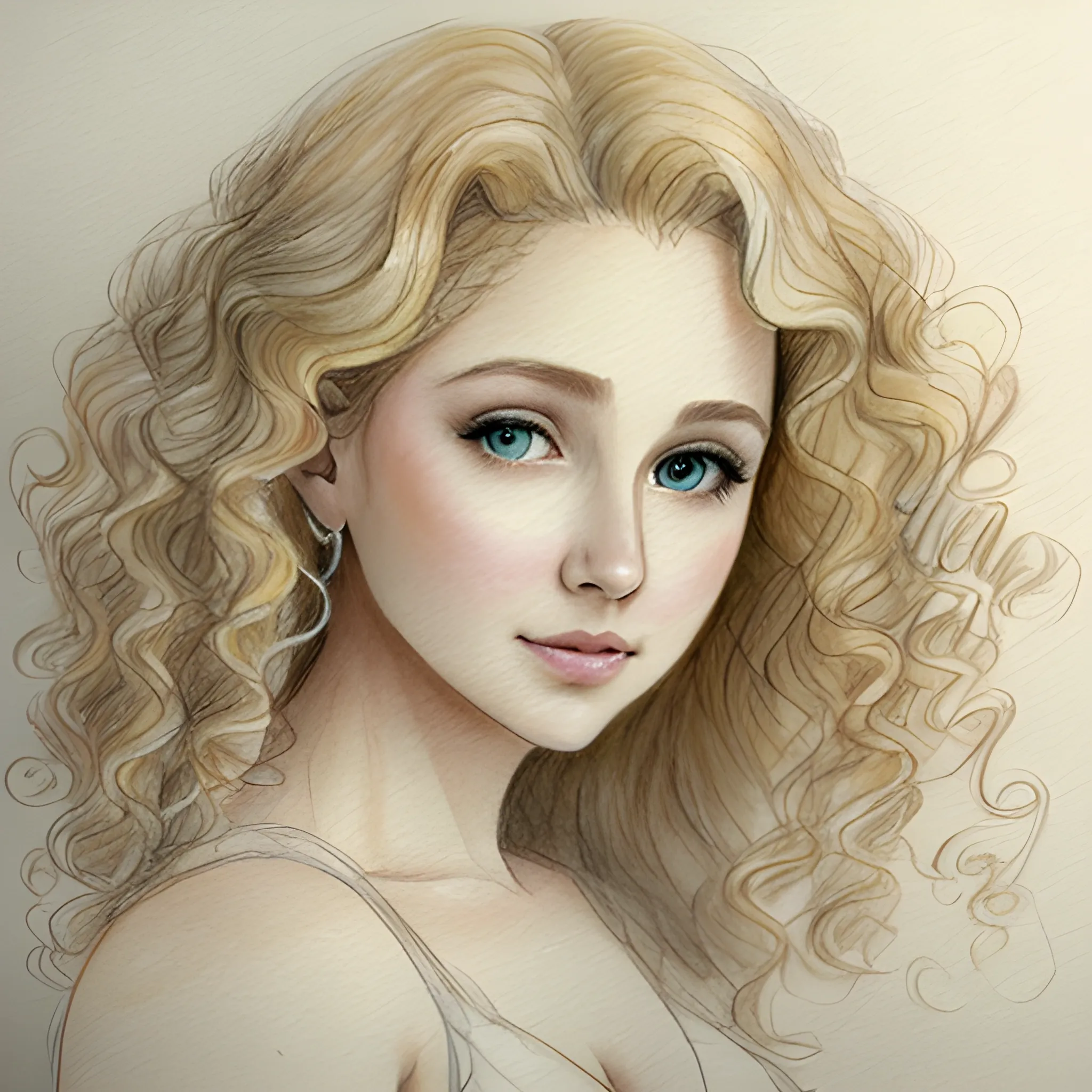 Beautiful adult woman, curly blonde hair, sweet, gown,  Pencil Sketch, Water Color