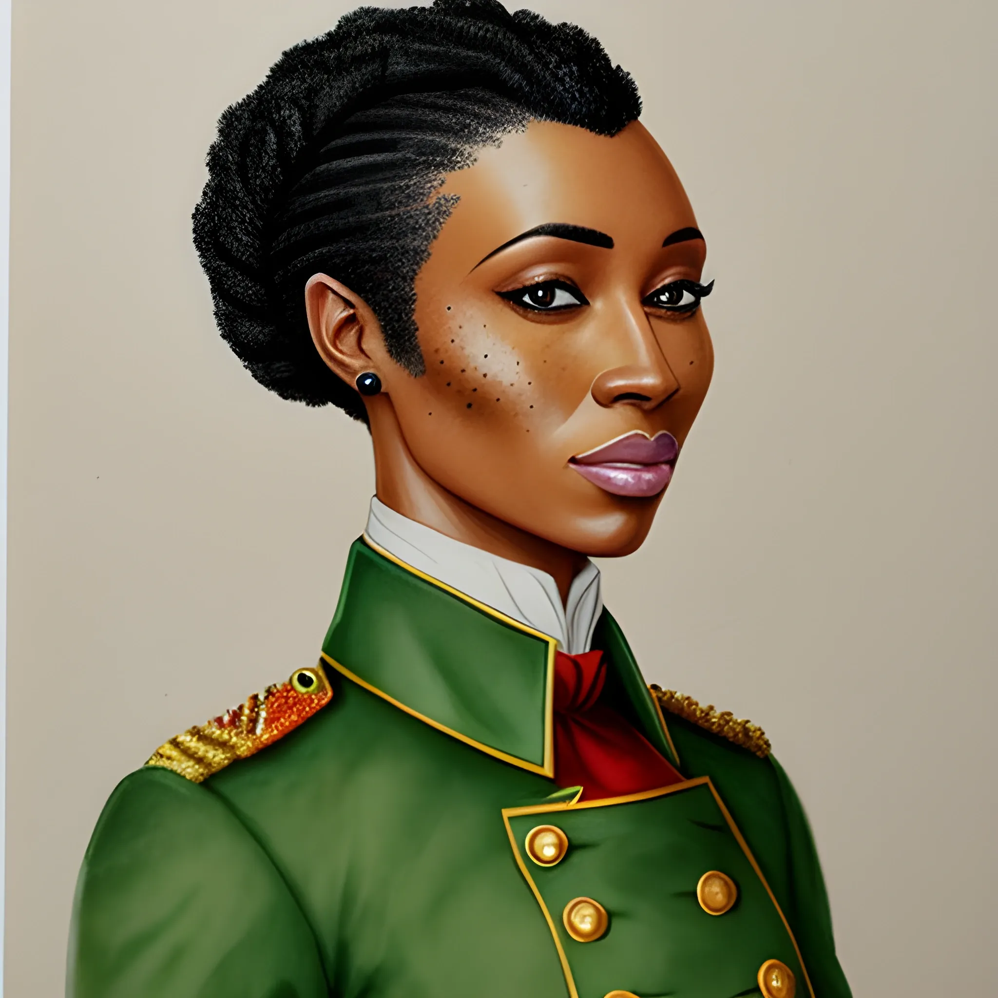 african girl, young, pretty, short hair, freckles, napoleonic green coat uniform, Pencil Sketch, Water Color