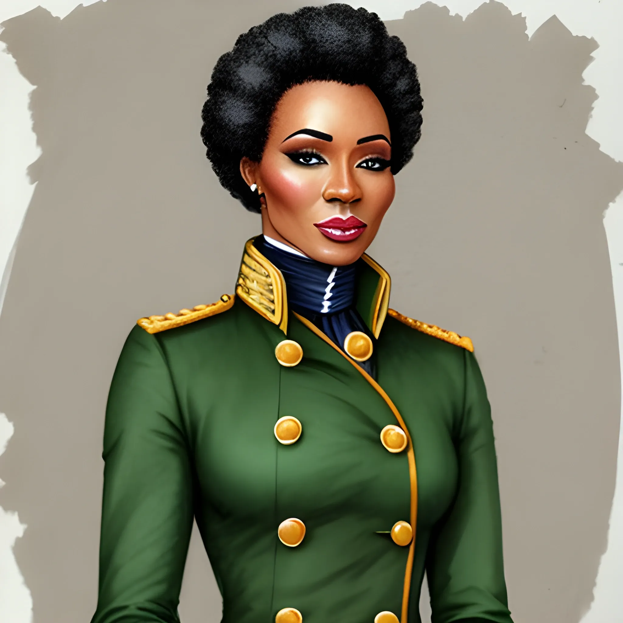 young african woman, pretty, short hair, freckles, napoleonic green coat uniform, Pencil Sketch, Water Color