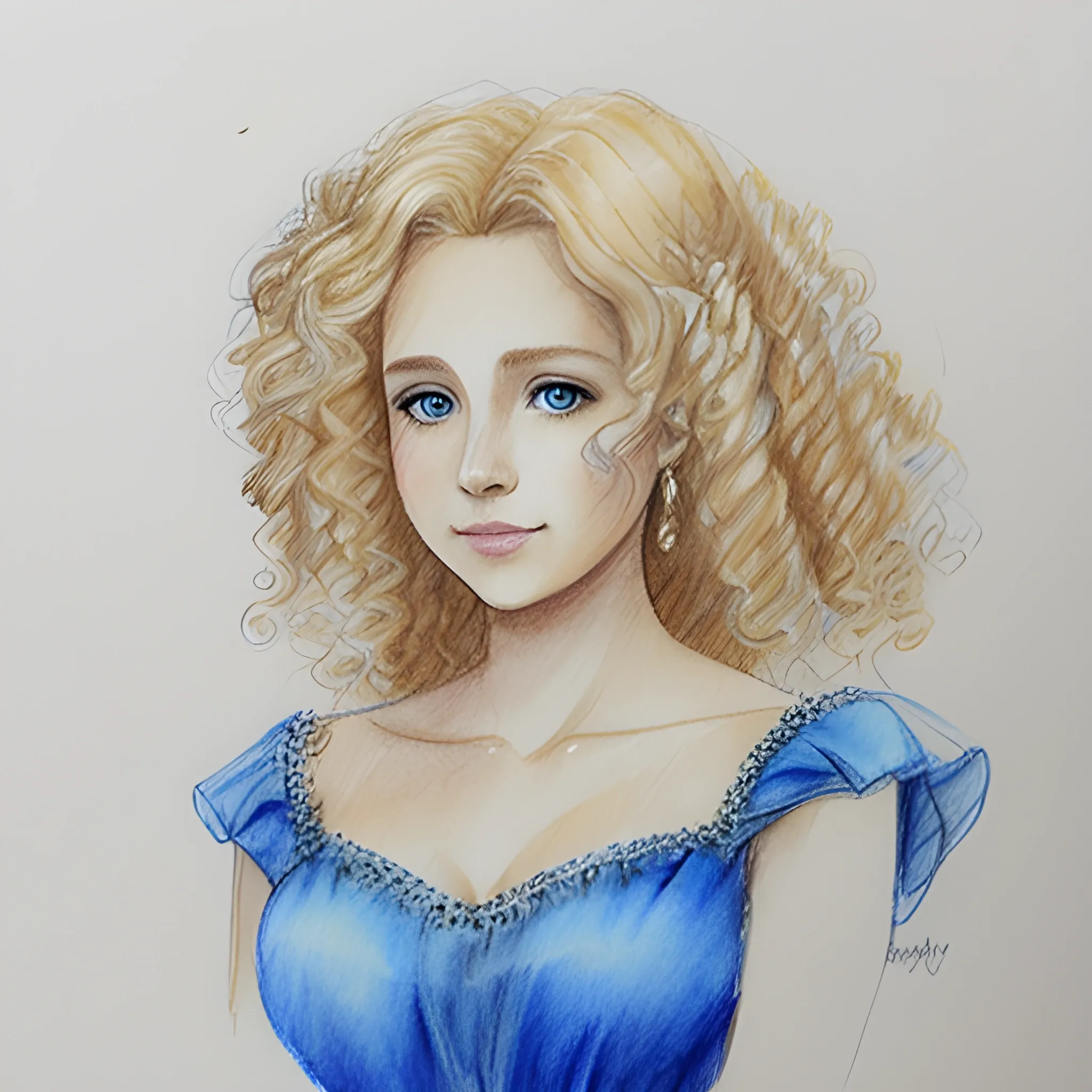 Beautiful adult woman, curly blonde hair, sweet, blue gown,  Pencil Sketch, Water Color