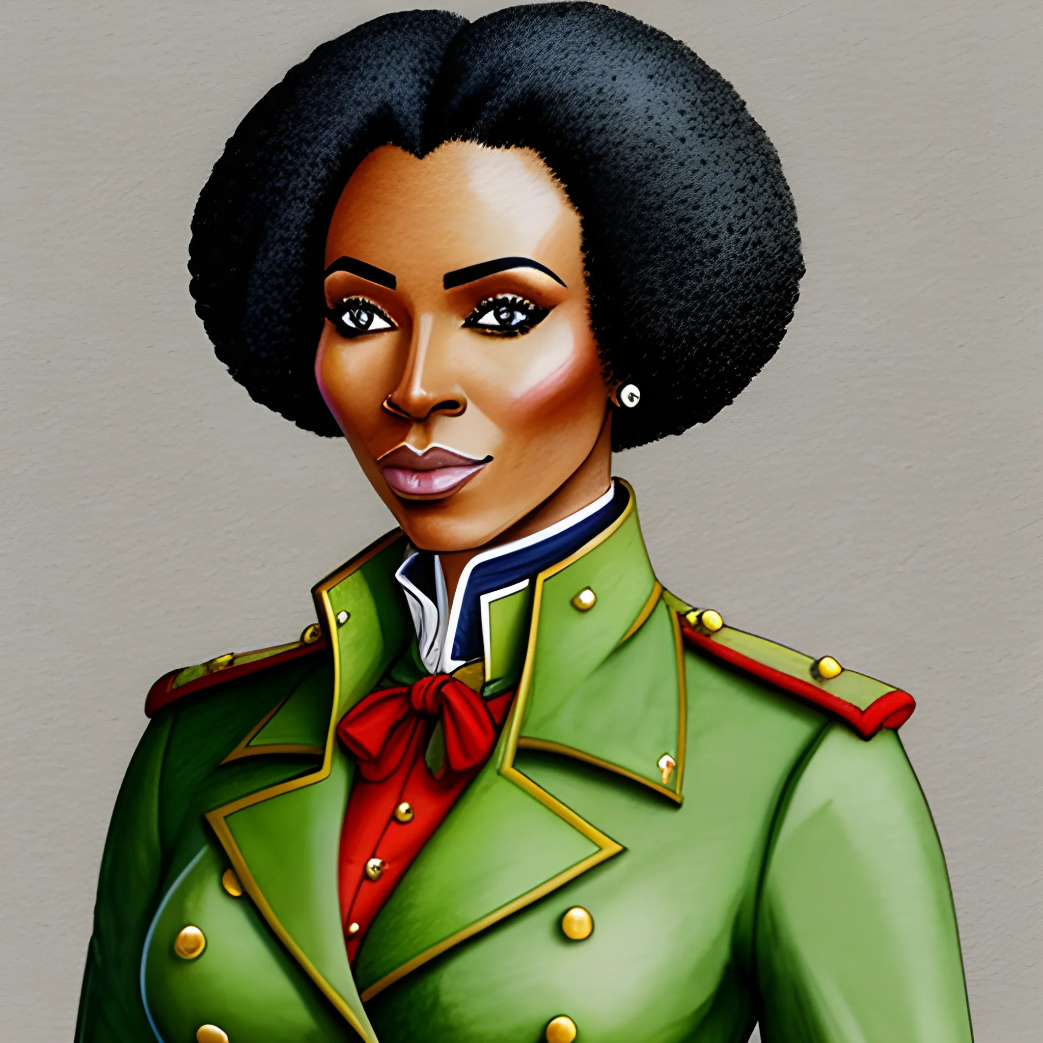 young african woman, pretty, short hair, freckles, napoleonic green coat uniform, facing slightly left, Pencil Sketch, Water Color