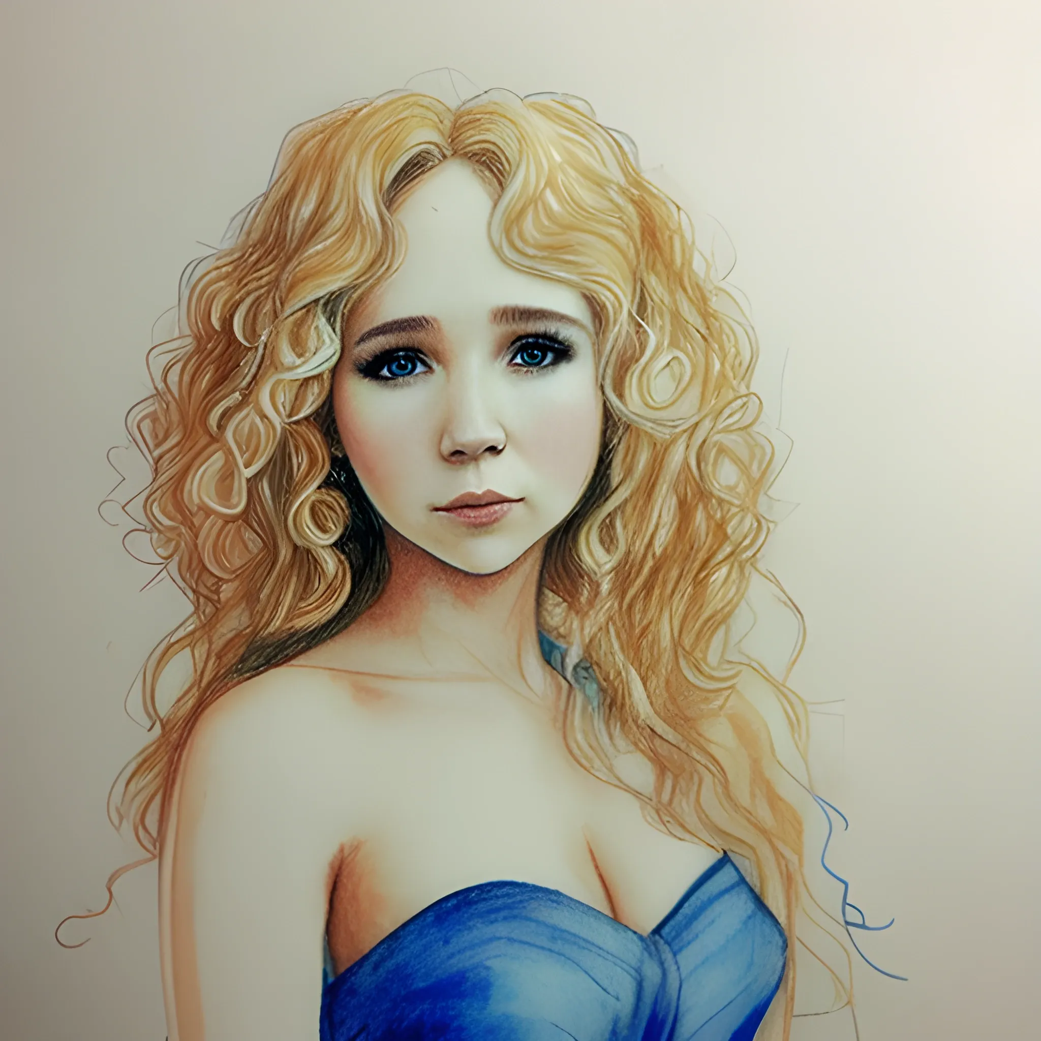 Beautiful adult woman, curly blonde hair, sweet, based on Juno Temple, blue gown,  Pencil Sketch, Water Color