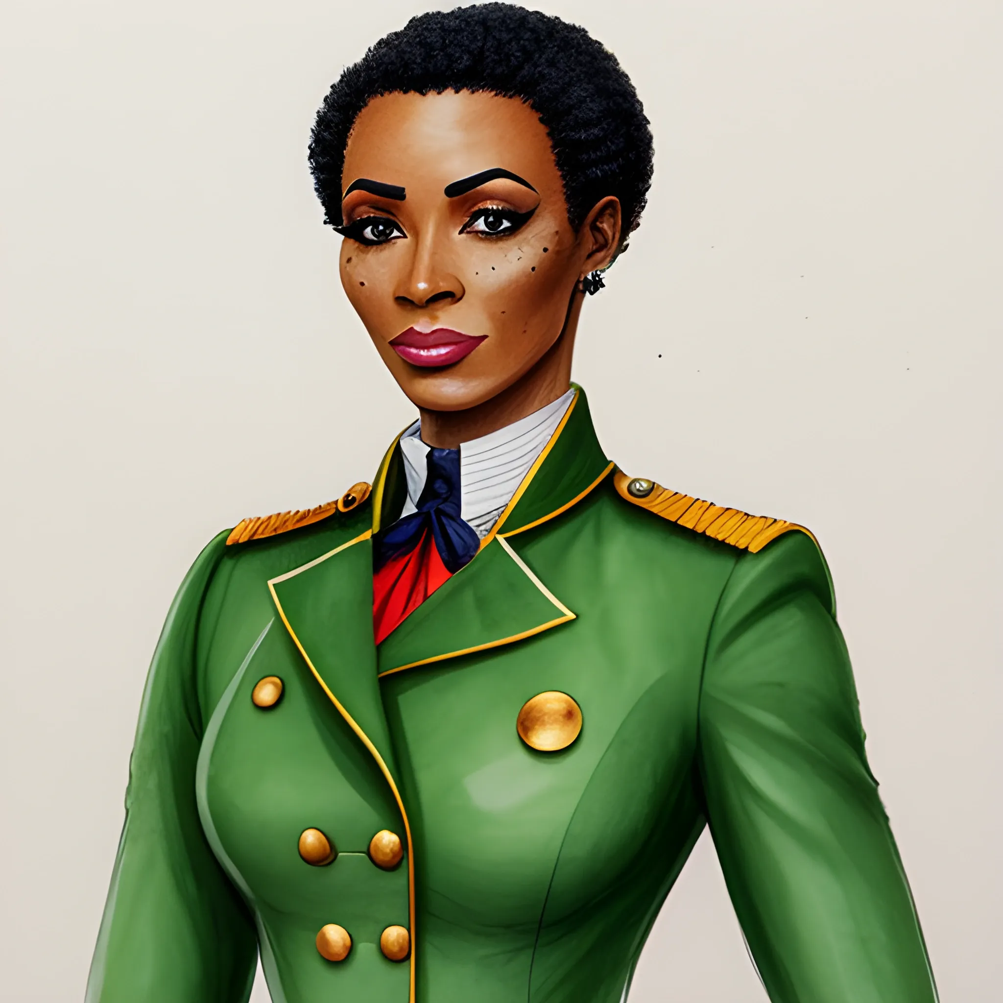 young african woman, soft features, short hair, freckles, napoleonic green coat uniform, facing slightly left, Pencil Sketch, Water Color