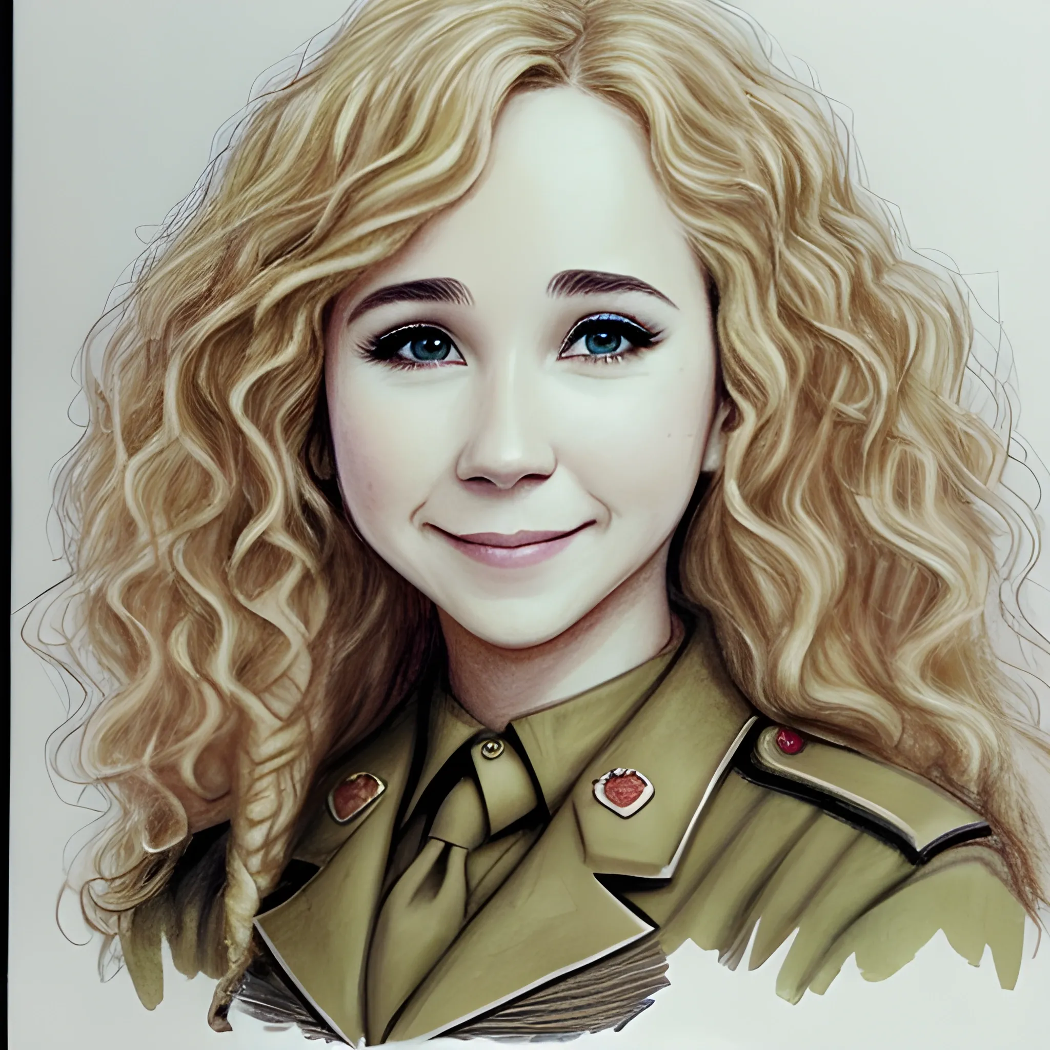 Beautiful adult woman, curly blonde hair, sweet, smiling, based on Juno Temple, military uniform,  Pencil Sketch, Water Color