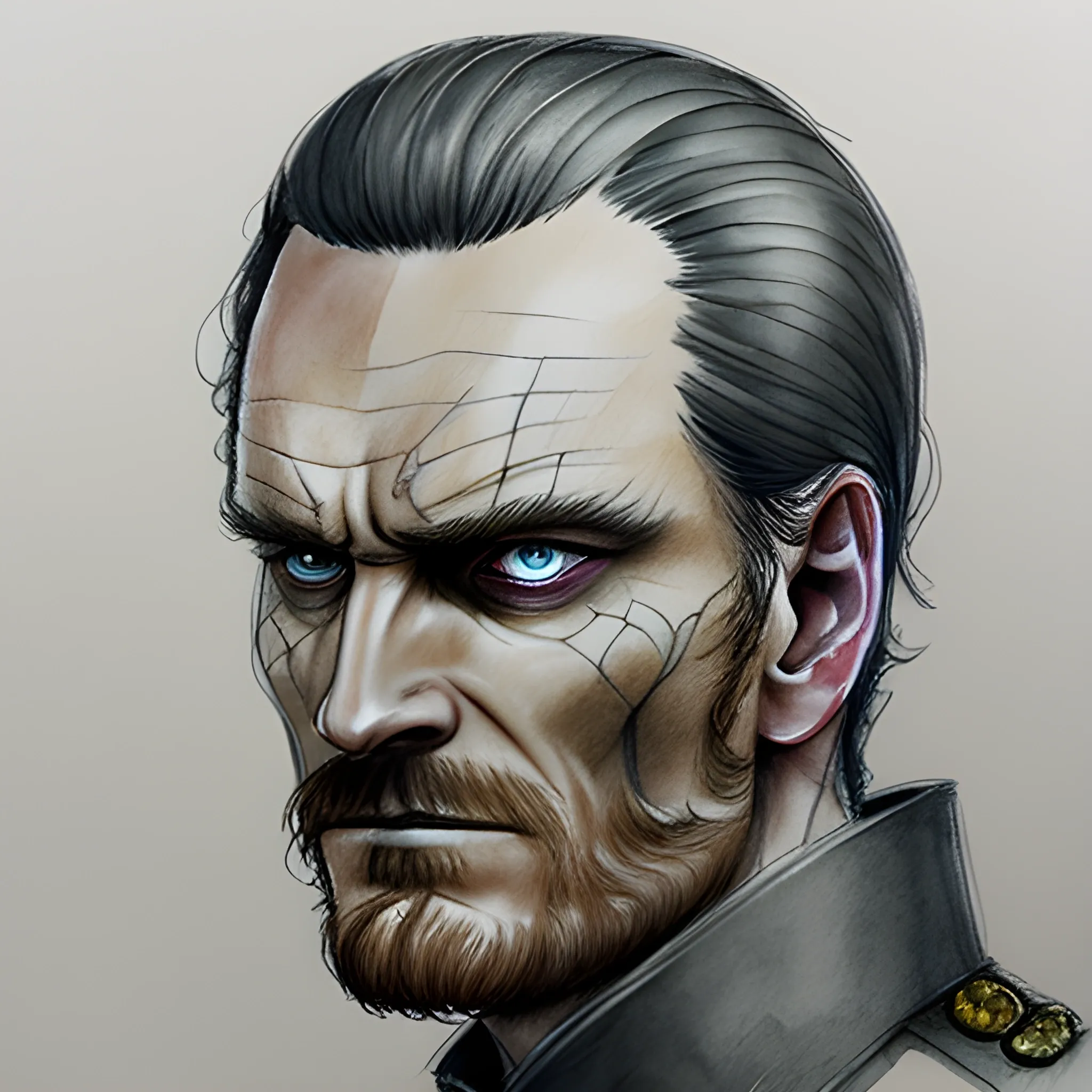 malevolent emperor, based on micheal fassbender, dark hair, no facial hair, grey military uniform, Pencil Sketch, Water Color