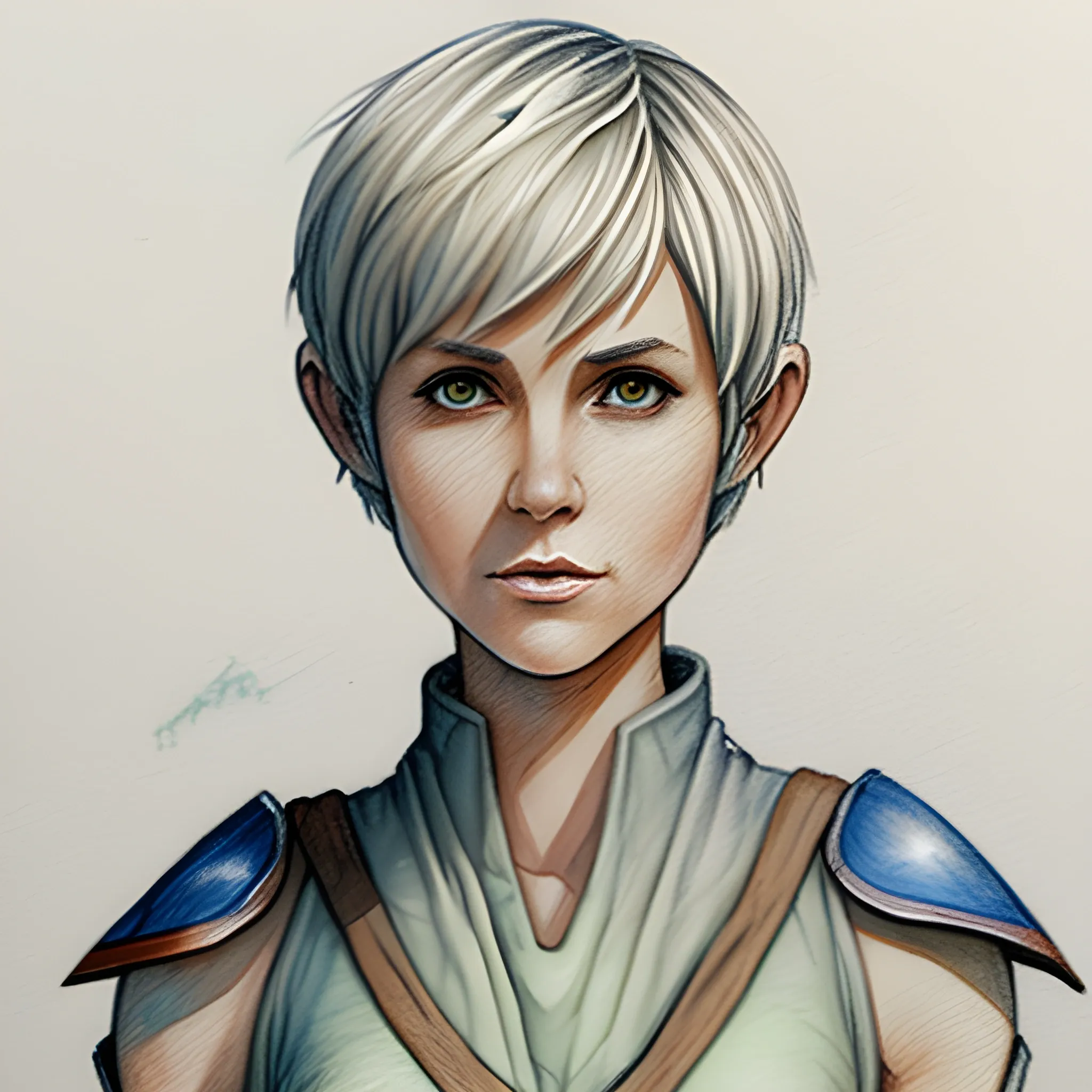 Jedi Knight, pixie cut, based on Ann Skelly, Pencil Sketch, Water Color