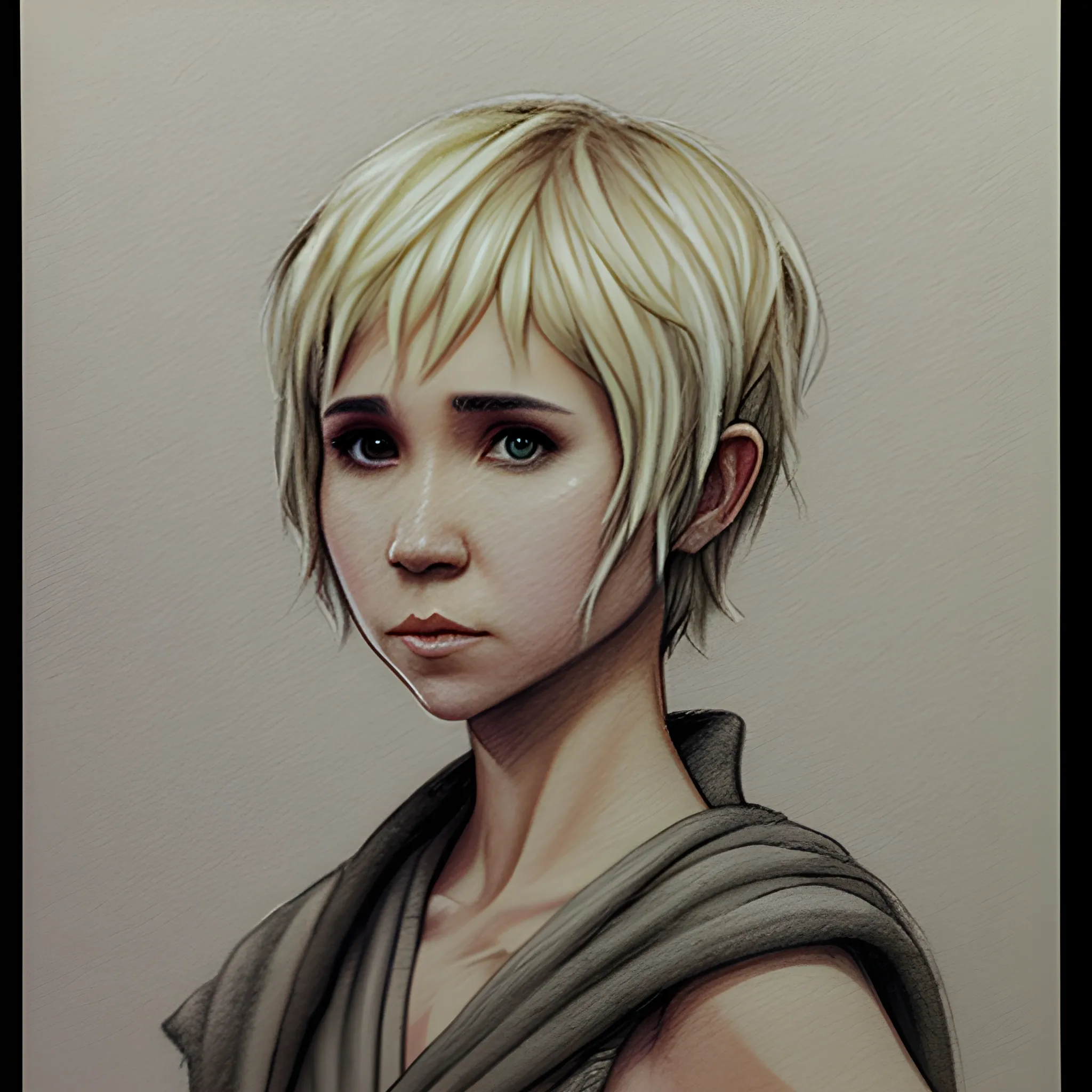 Jedi Knight, pixie cut, based on Juno Temple, Pencil Sketch, Water Color