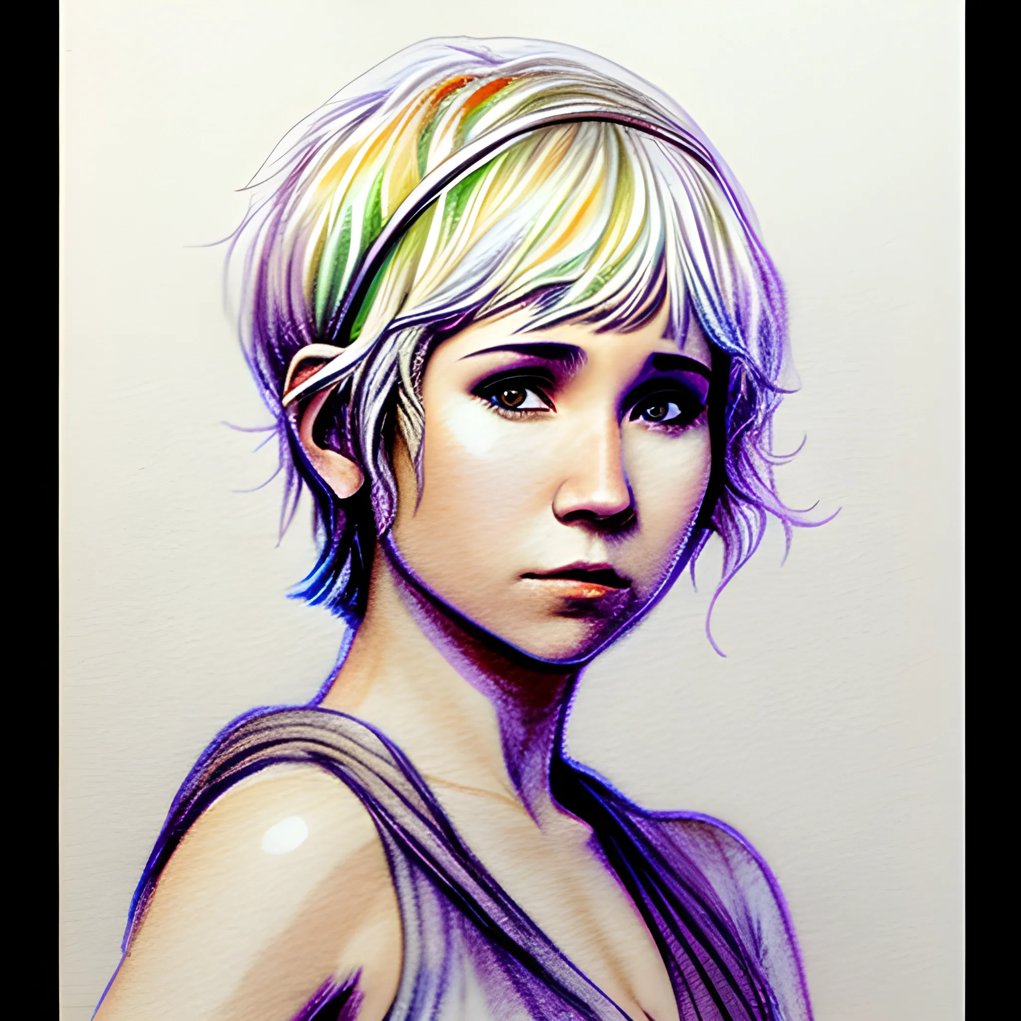 Jedi Knight, pixie cut, based on Juno Temple, confident, Pencil Sketch, Water Color