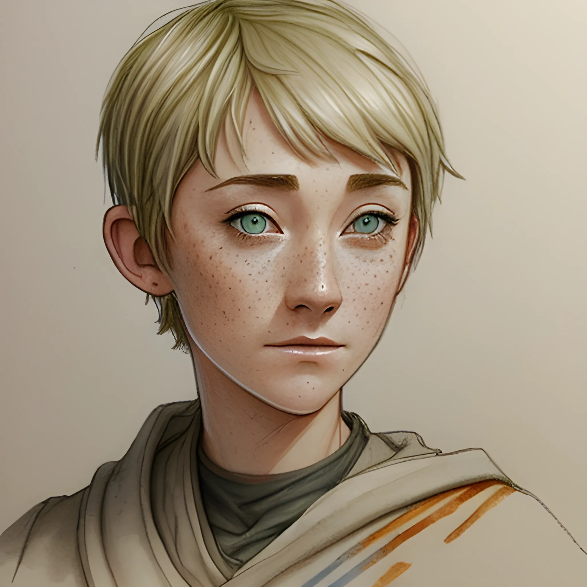 Jedi Knight, pixie cut, based on Saoirse Ronan, confident, freckles, Pencil Sketch, Water Color