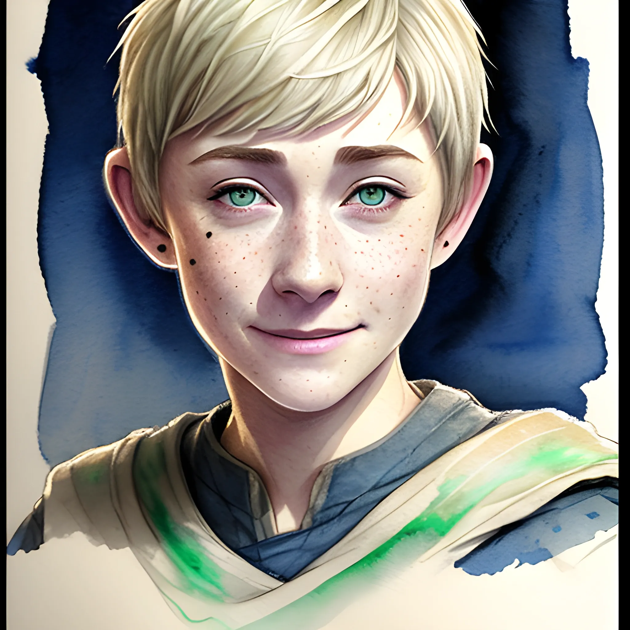 Jedi Knight, pixie cut, based on Saoirse Ronan, smiling, confident, freckles, Pencil Sketch, Water Color