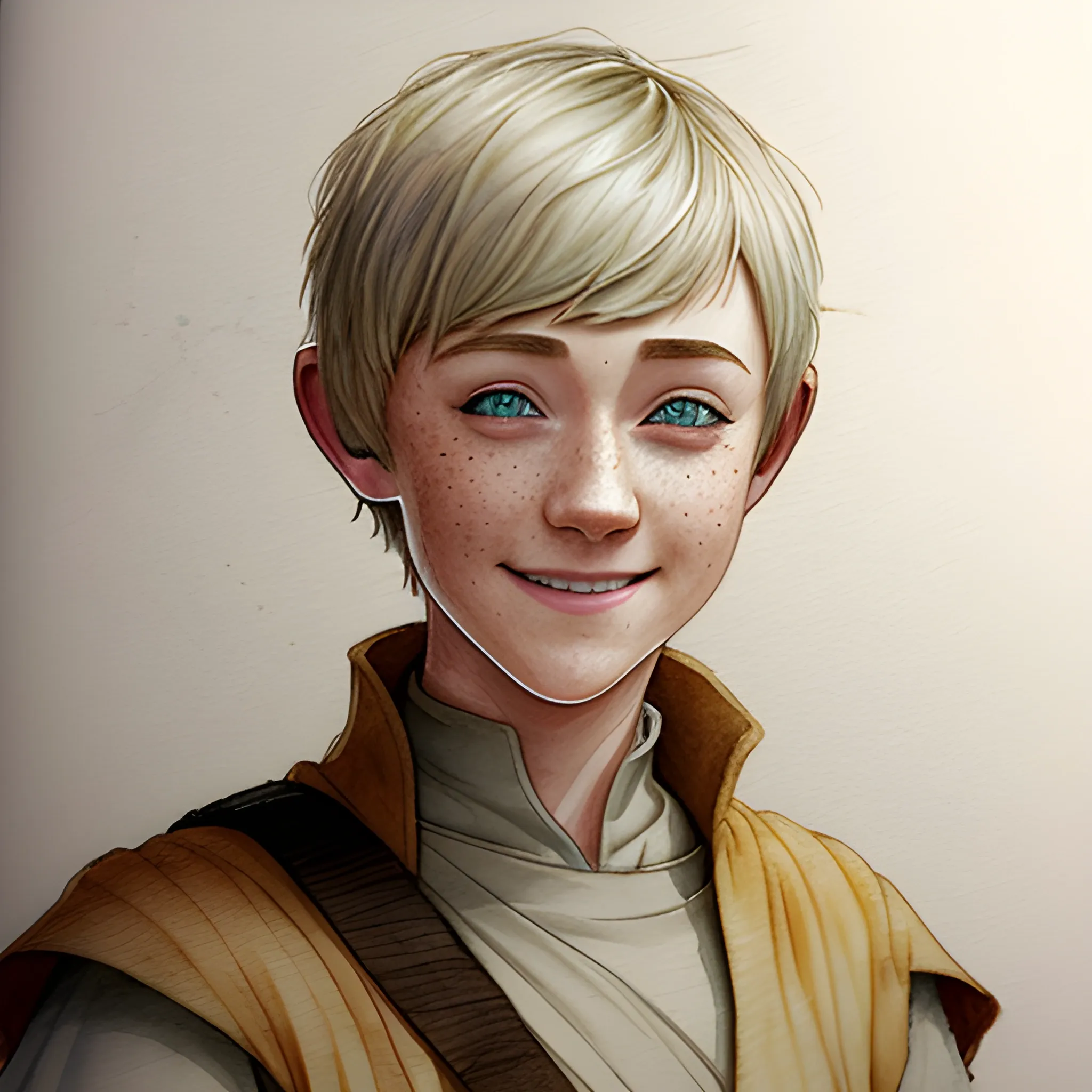 Jedi Knight, pixie cut, based on Saoirse Ronan, smiling, confident, freckles, Pencil Sketch, Water Color