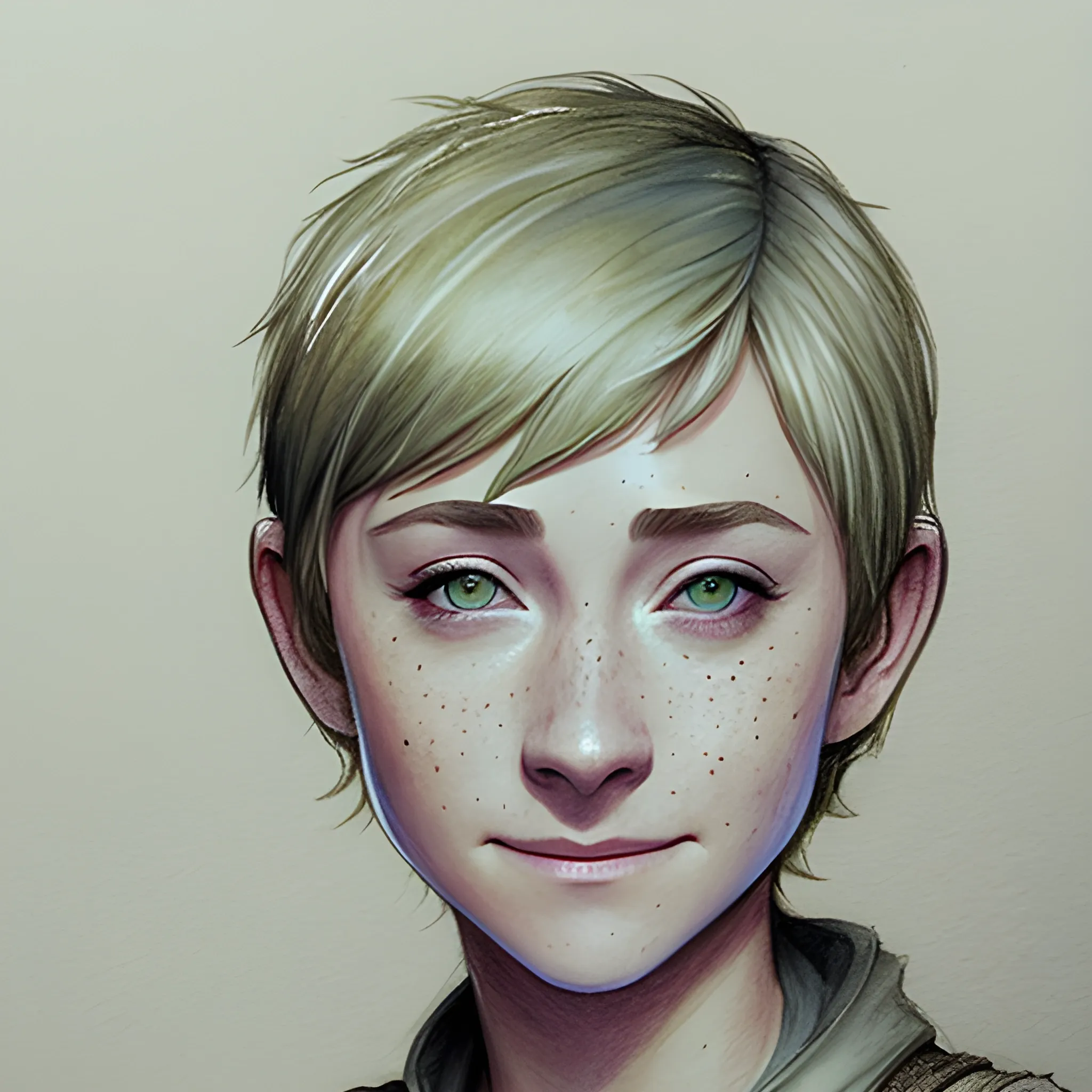 Jedi Knight, pixie cut, based on Saoirse Ronan, smiling, confident, freckles, lightsaber drawn, Pencil Sketch, Water Color