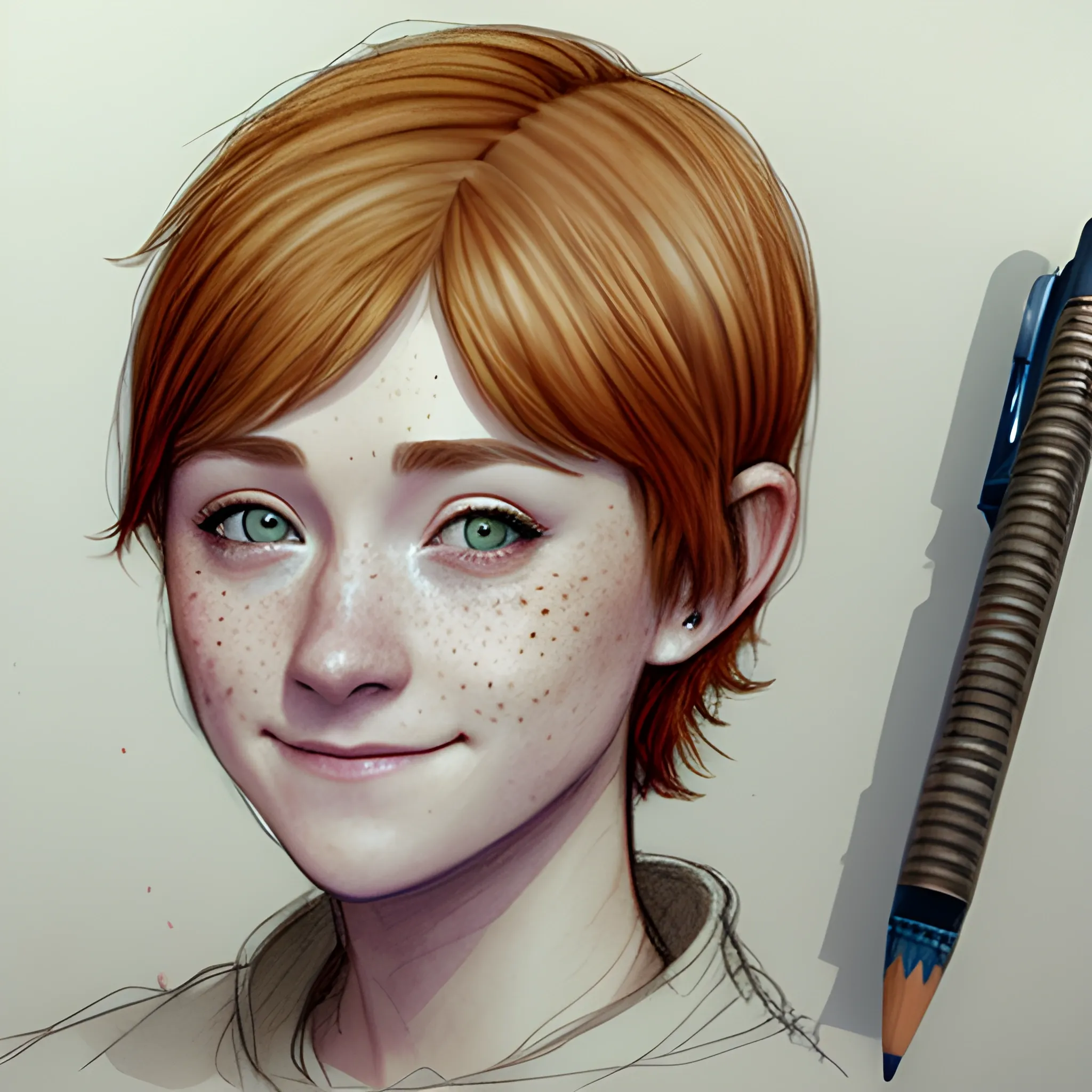 Jedi Knight, pixie cut, auburn hair, based on Saoirse Ronan, smiling, confident, freckles, lightsaber drawn, Pencil Sketch, Water Color